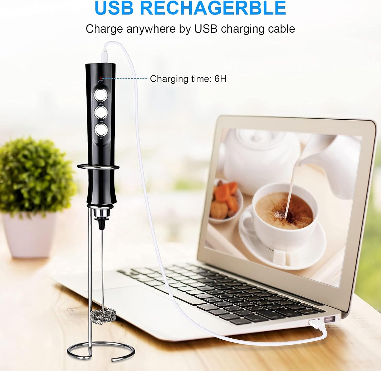 WanderLand Rechargeable Handheld Milk Frother Wand for Coffee,Drink Mixer with Stainless 2 Whisks, Electric Whisk 3 Speeds Adjustable, for Latte, Cappuccino, Hot Chocolate （Black）