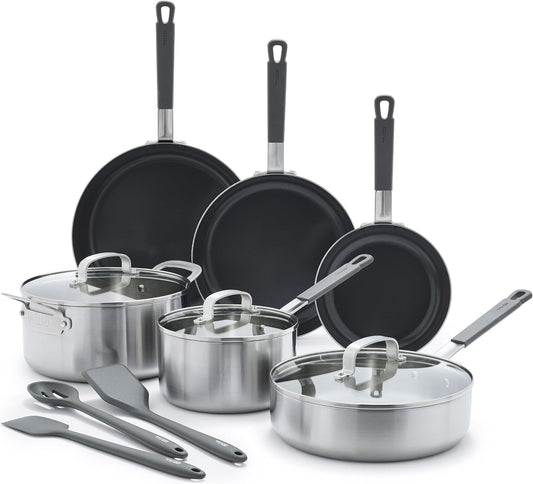 GreenPan x Bobby Flay Stainless Steel 12 Piece Cookware Pots & Pans Set, Professional Grade Tri-Ply, Multiclad, PFAS-Free Ceramic Nonstick, Induction Suitable, Dishwasher & Oven Safe,Stay Cool Handles