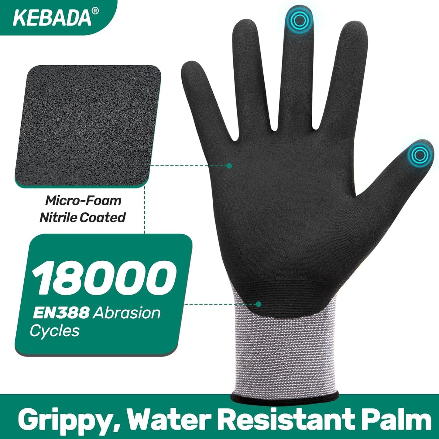 Kebada W2 Work Gloves for Men and Women, Nitrile Coated Working Gloves for Gardening, Construction, Warehouse, Safety Gloves for Work in Yard and Outdoors, 6 Pairs, XXL