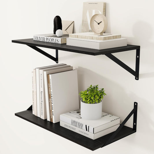 Heimlove Black Deep Floating Shelves for Wall, 24W x 12D Wood Wall Shelves Set of 2, Wide Floating Bookshelf for Living Room, Kitchen, Office, Bedroom and Decor Storage, with Metal Bracket - Black