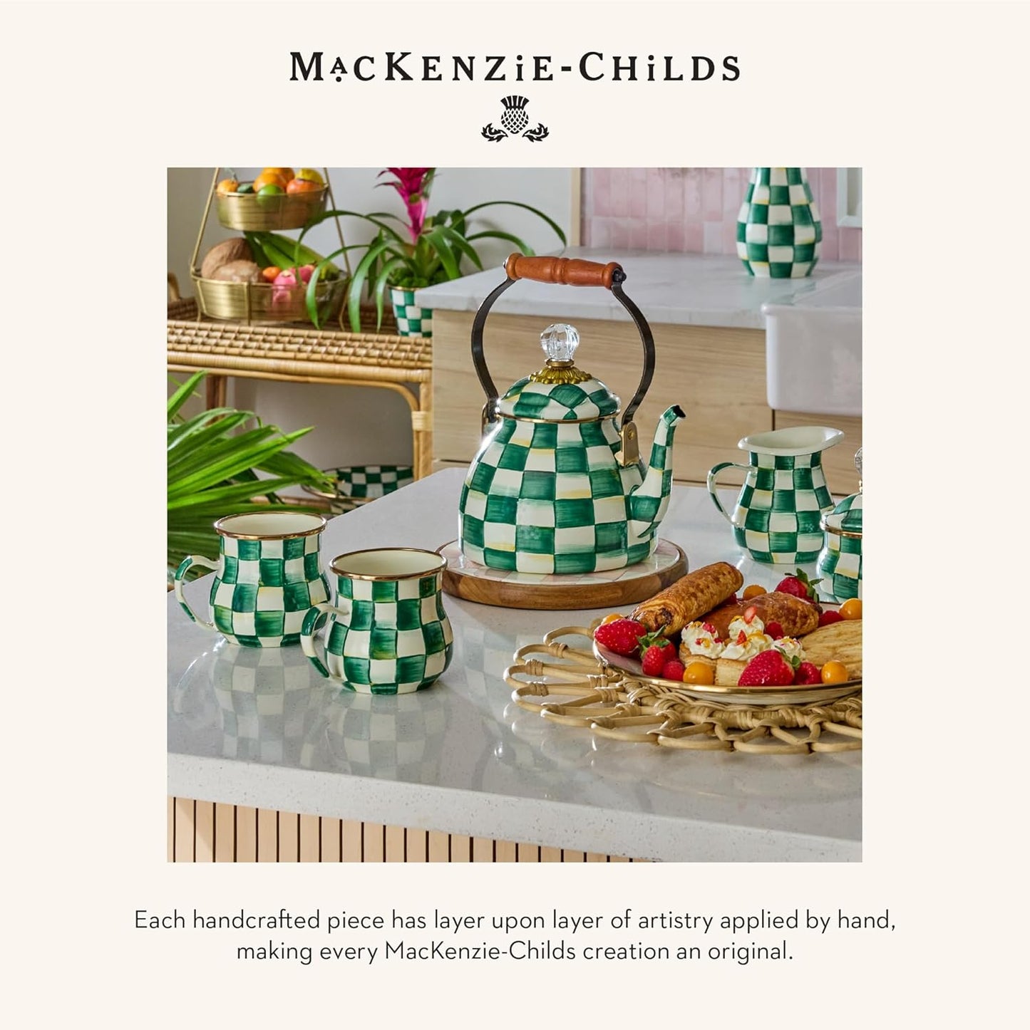 MACKENZIE-CHILDS Enamel Creamer, Creamer Dispenser with Pour Spout, 14-Ounce Capacity, Green-and-White Emerald Check