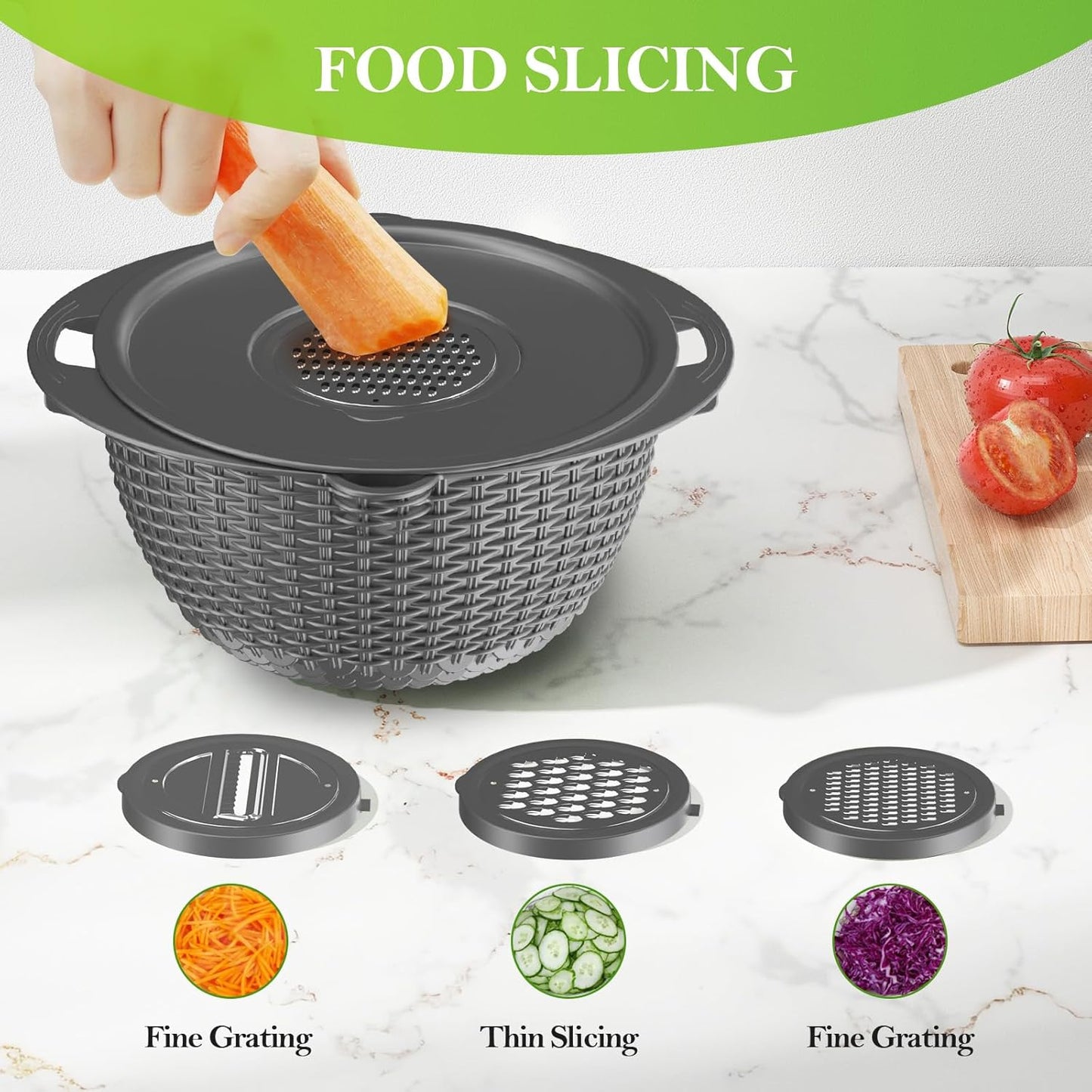 4-1 Colander with Bowl Set - Colander for Kitchen - Strainers and Colanders - Pasta Strainer - Funny Presents for Women - Fruit Cleaner Veggie Wash Kitchen Essentials, Grey