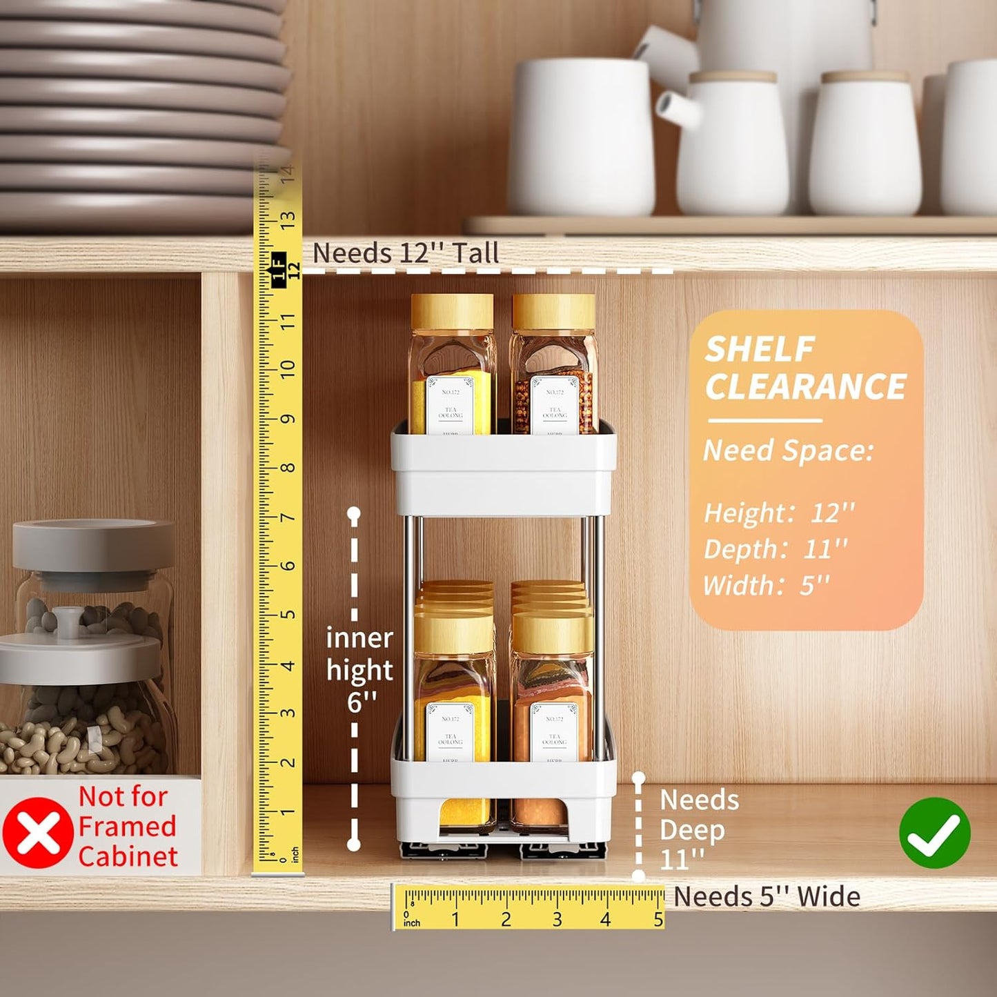 Pull Out Spice Rack Organizer for Cabinet, 2 Pack Slide Out Spice Racks Organizer, Spice Cabinet Organizers, Cabinet Size Need:12'' Highx11'' Deepx5'' Wide,Hold 10 Spice Jar Each Tier-2Tier, White