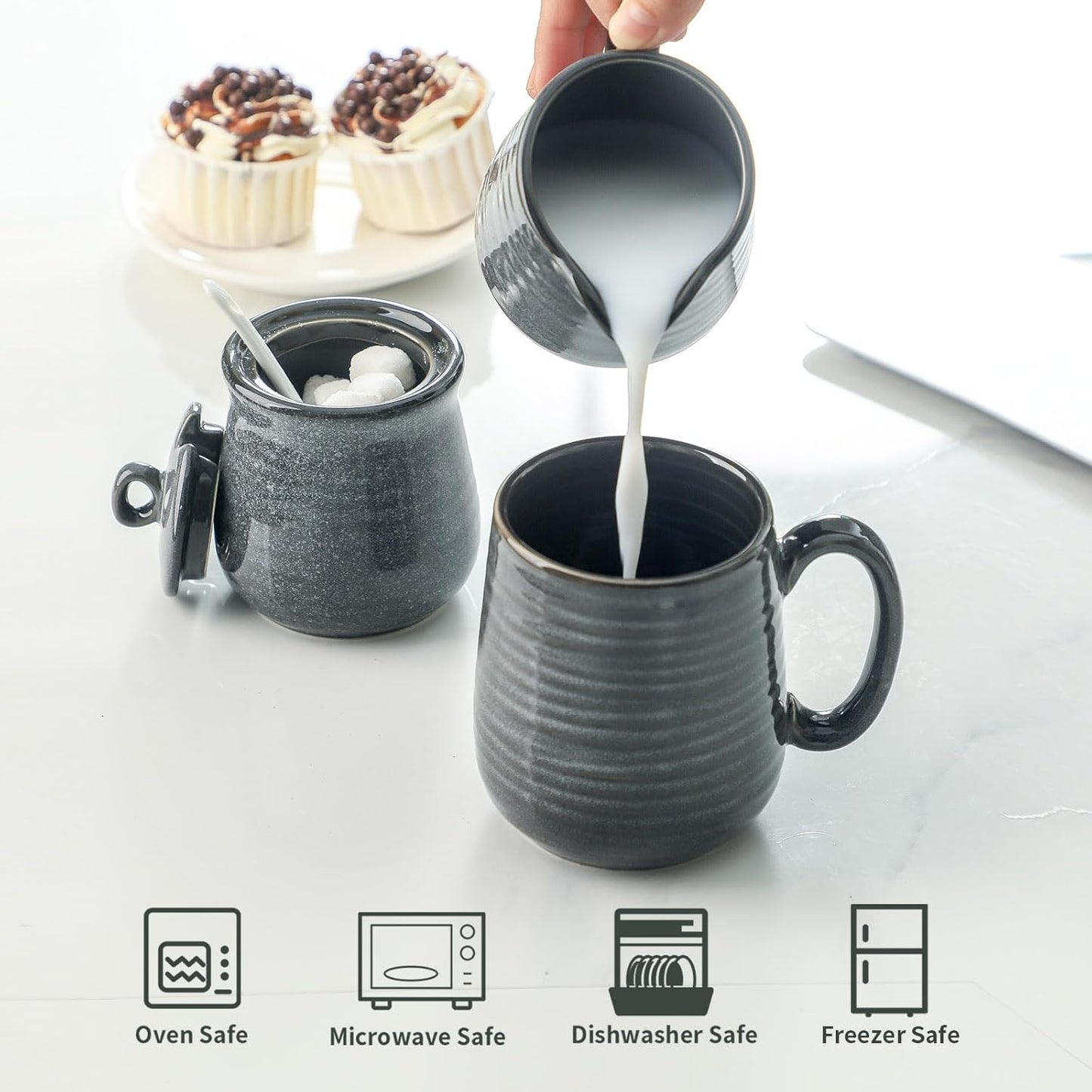 Hasense Porcelain Sugar and Creamer Set, 11 Oz Sugar Bowl with Lid and Spoon and 10 Oz Cream Pitcher, Farmhouse Coffee Sets for Serving, Dishwasher Safe, Grey