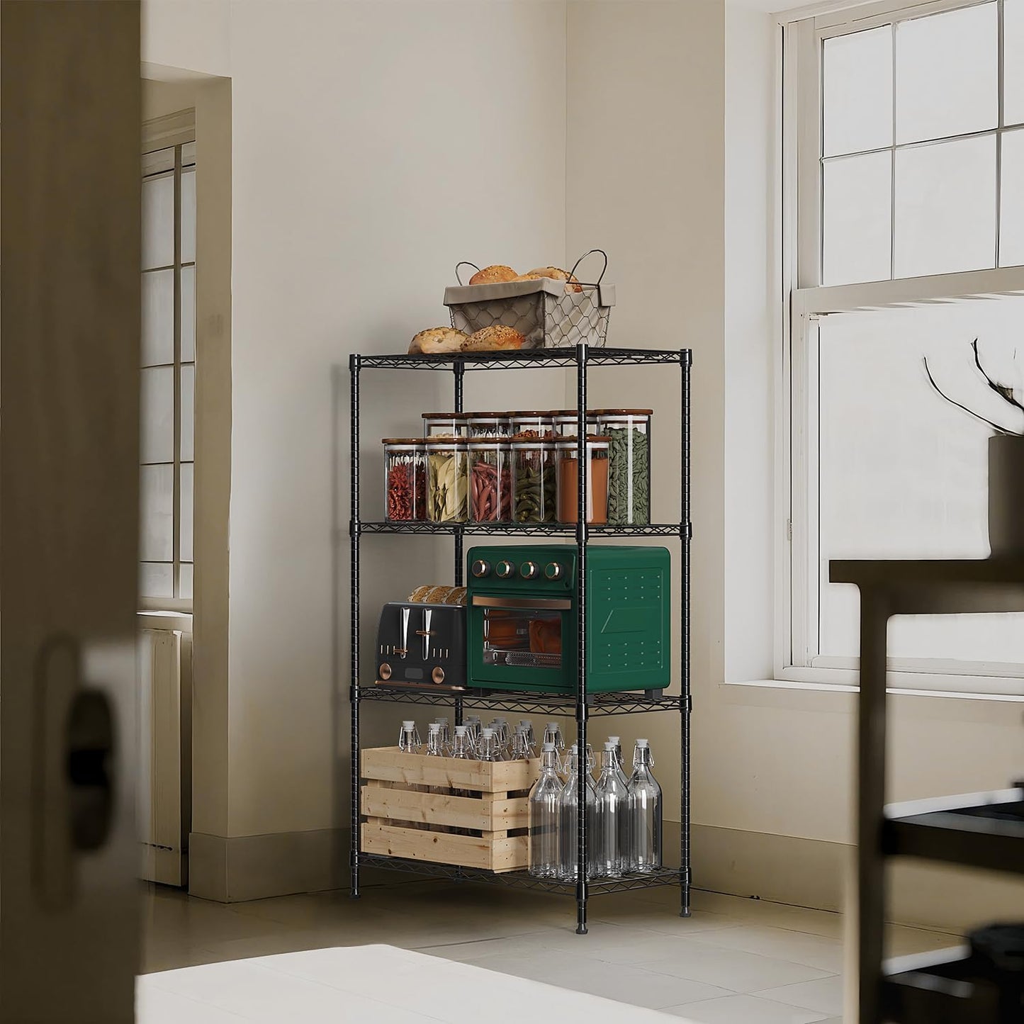 1000 lbs 4Tier Shelf Metal Storage Shelves Wire Rack Closet Organizers with Wheel for Garage Kitchen Bathroom Laundry Black 13.7" D x 23.6" W x 53.4" H
