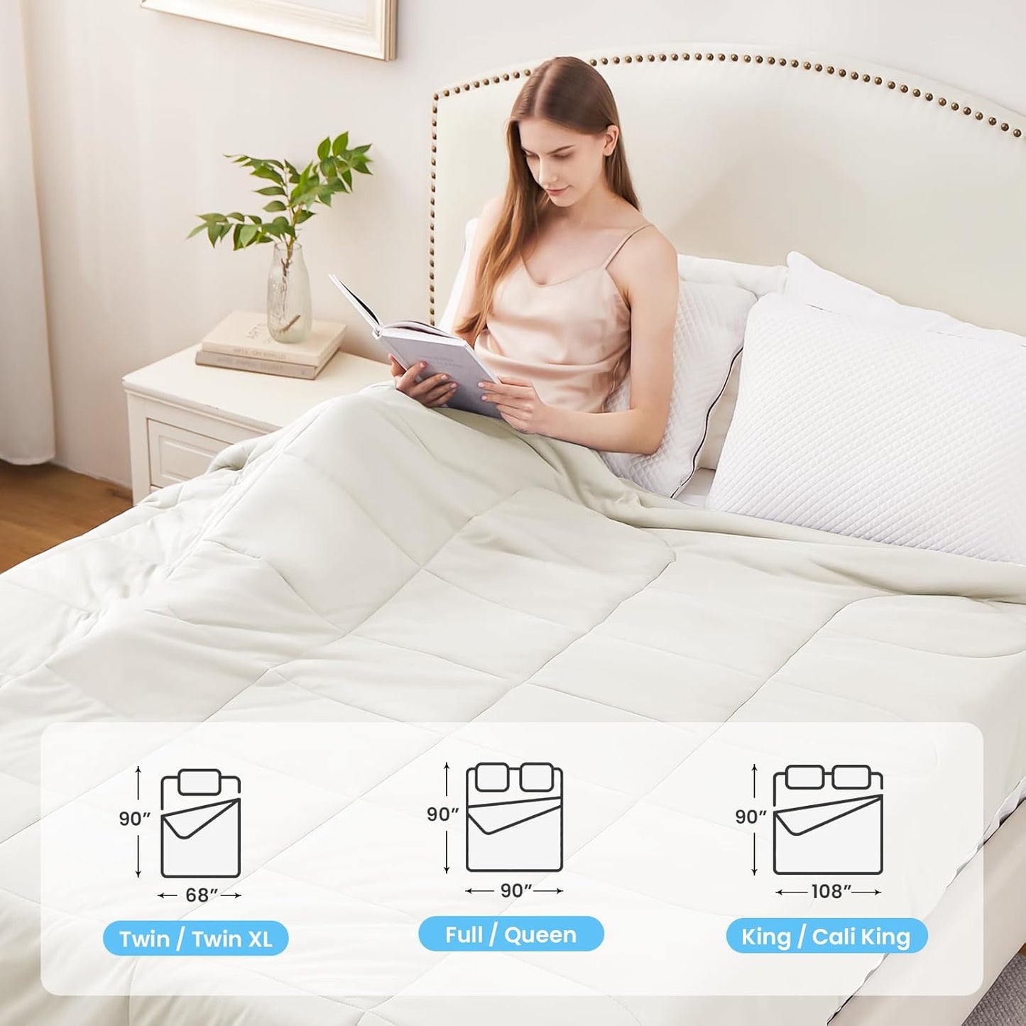 HYLEORY Cooling Comforter Queen Size - Summer Cooling Blanket for Hot Sleepers/Night Sweats, Double-Sided Cold Touch Silky Ice Comforters, Breathable Lightweight Beddings, Cool Cream, 90"x90"