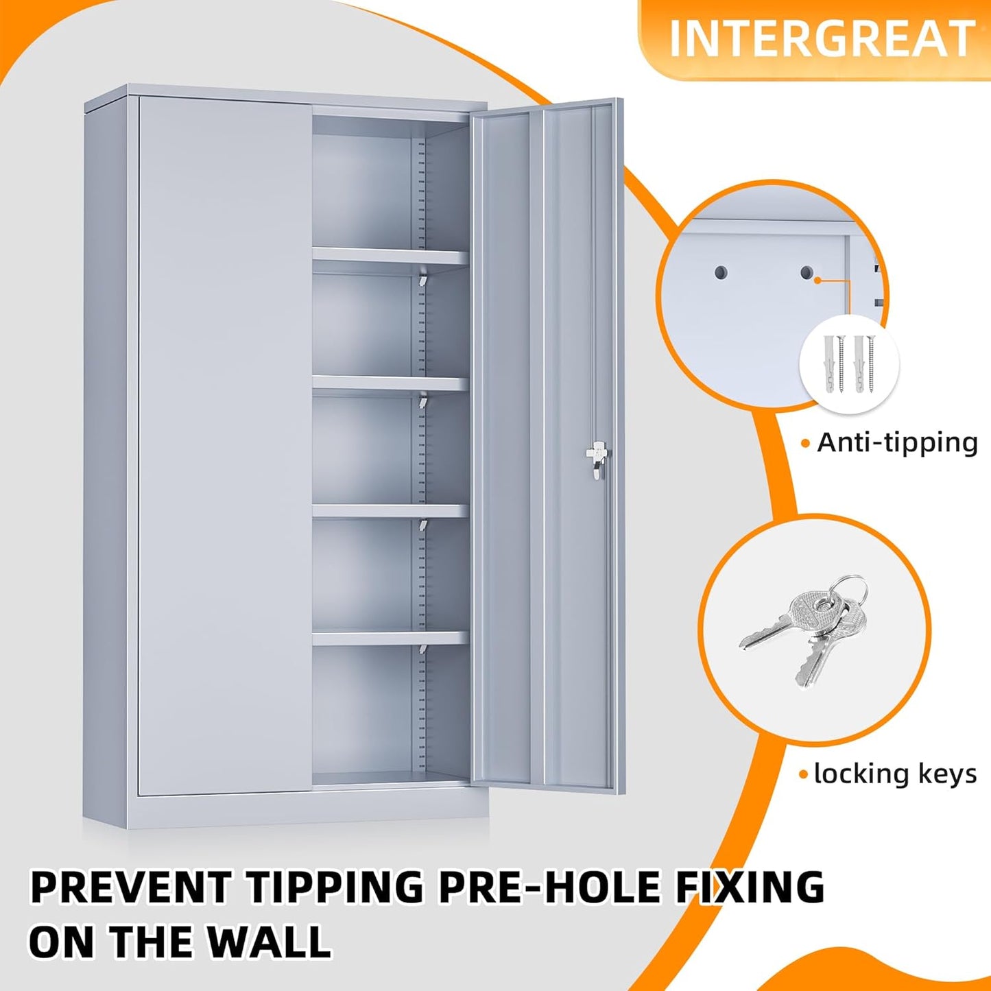 INTERGREAT Metal Storage Cabinets 72” Cement Grey Garage Steel Storage Cabinet with Doors and Shelves, Steel File Cabinet for Home Office, Basement, Warehouse, Classroom（Anti Tipping）
