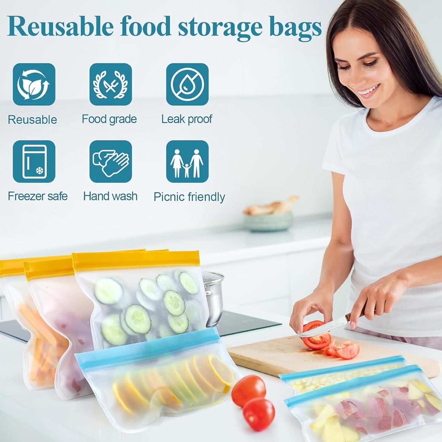 Reusable Snack Bags Dishwasher Safe,10Pack Reusable Bags Silicone Extra Thick Leak-proof Reusable Freezer Bags for Candy, Snack, Cereal, Travel Items, Home Organization（Orange）