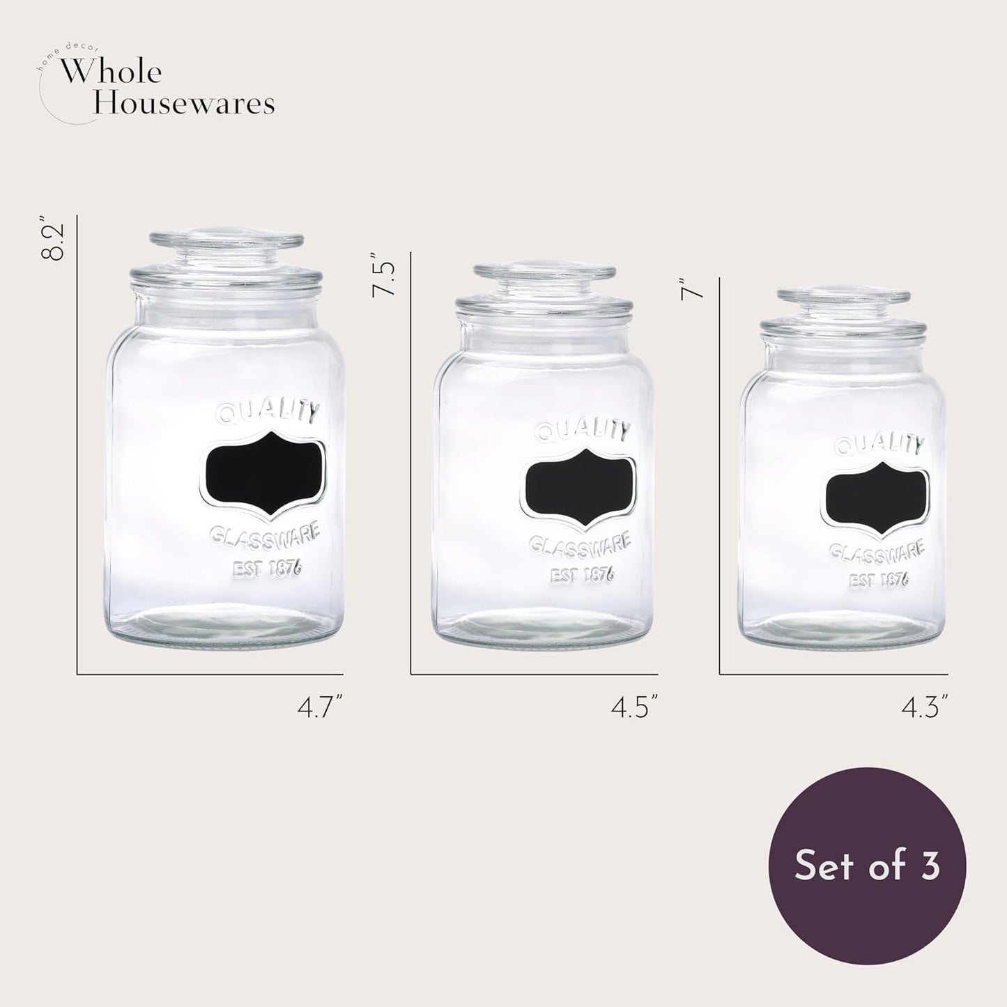 WHOLE HOUSEWARES Glass Canisters with Airtight Lids Set of 3 - Glass Storage Jars for Candy, Cookie, Flour, Sugar, Coffee - Sealed Food Storage for Pantry - Clear Containers for Kitchen Counter