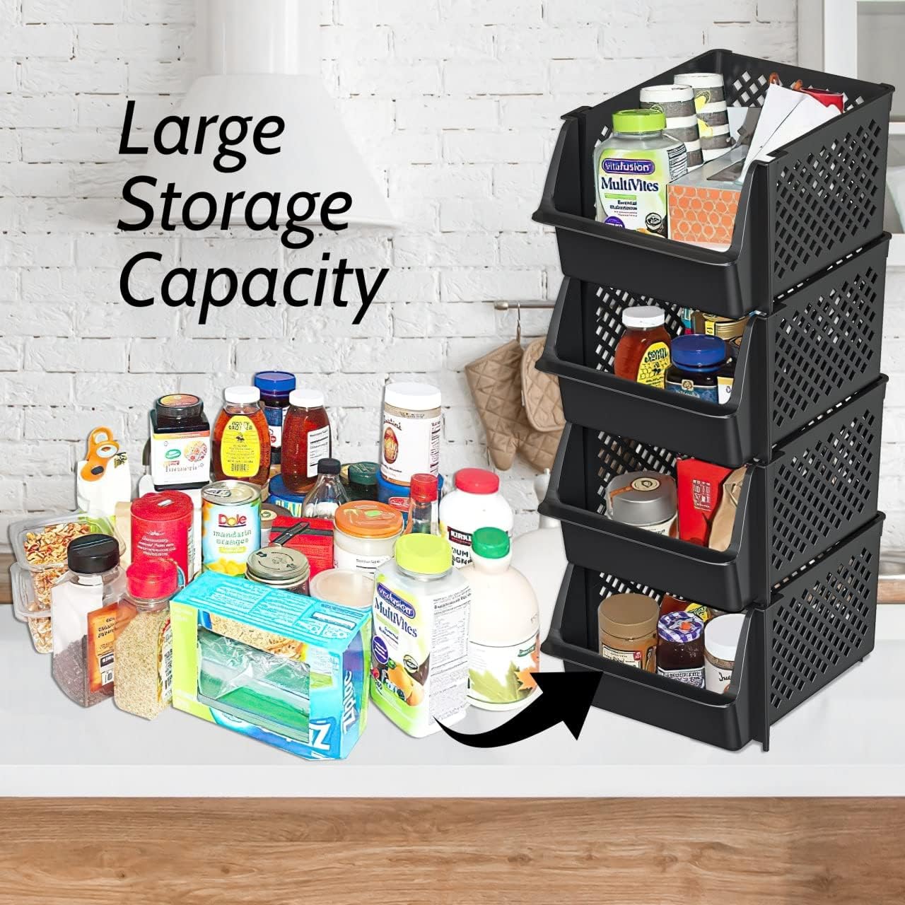 Skywin TidyFriend Stackable Storage Bins for Pantry, 4 Pack Stackable Bins For Organizing Food, Kitchen, and Bathroom Essentials (Black)
