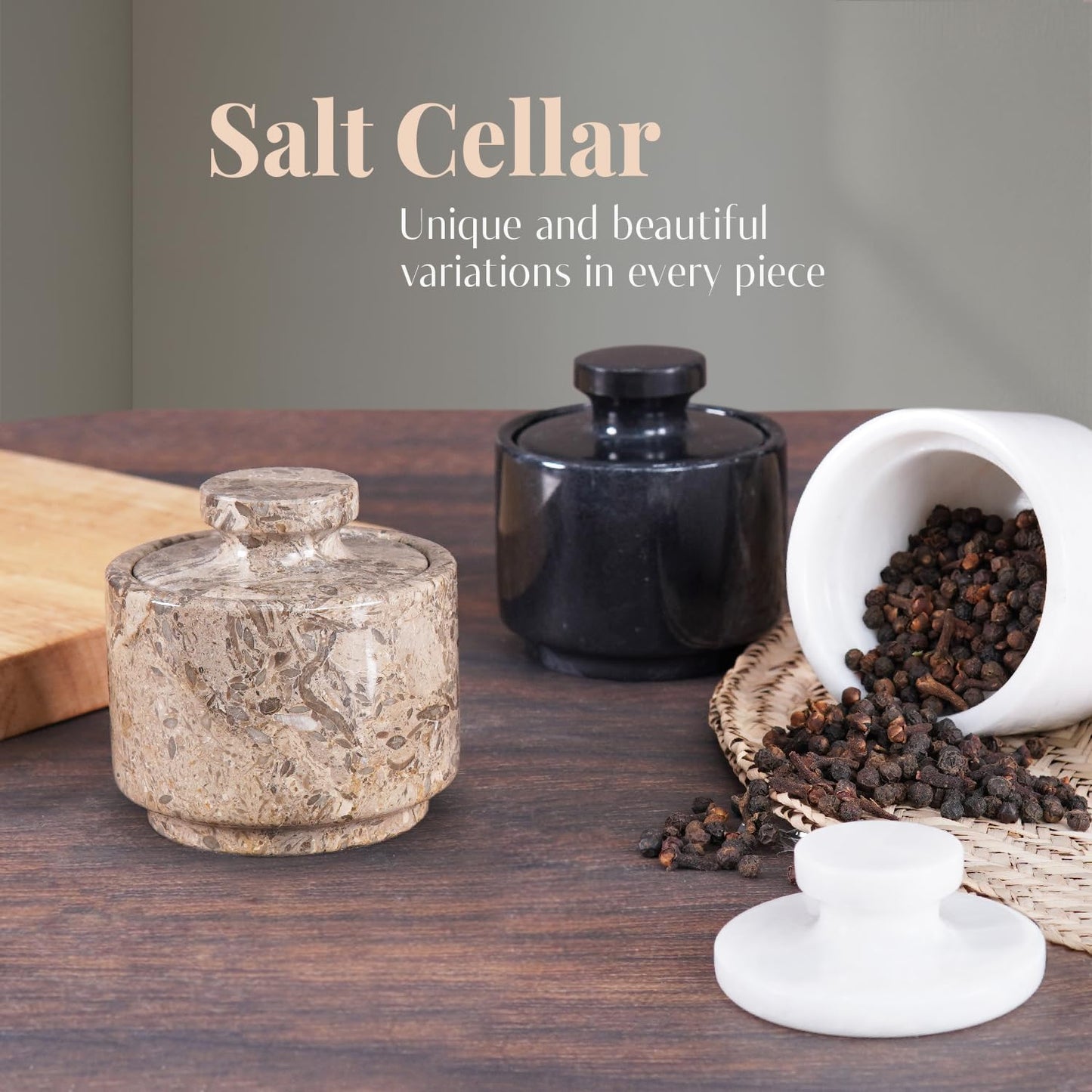 MARBLOUS KRAFTS Marble Salt Cellar with Lid 3" Inch Oceanic Salt Box, Seasoning Container & Spice Jars, Stone Salt Holder for Counter, Spice Jar