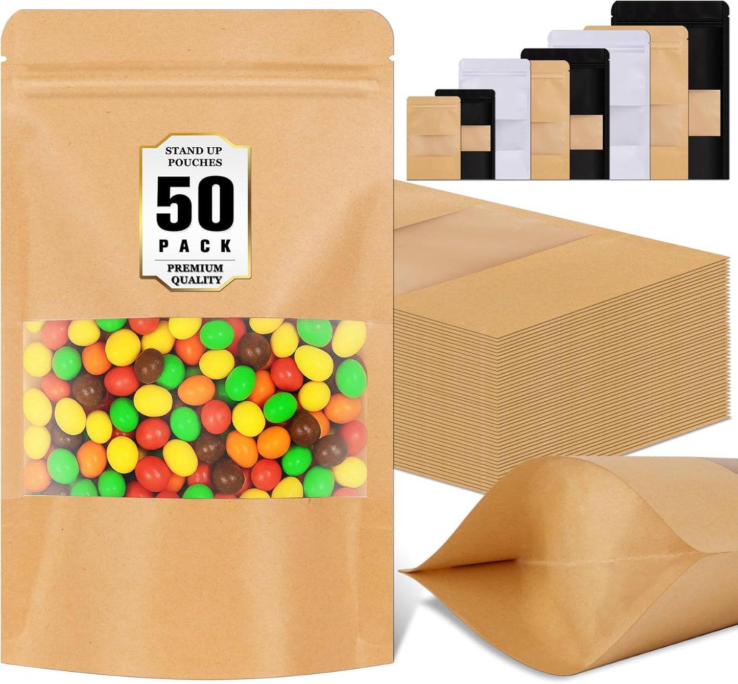 Jetmore-50pack-Smell-Proof-Bag, Zip Lock Pouches with Window, Resealable Bags for Small Business, Small Sealable Bags for Packaging Snack, Coffee, Spice, Candy, Trail Mix, Wax, Mylar Bags 3.5