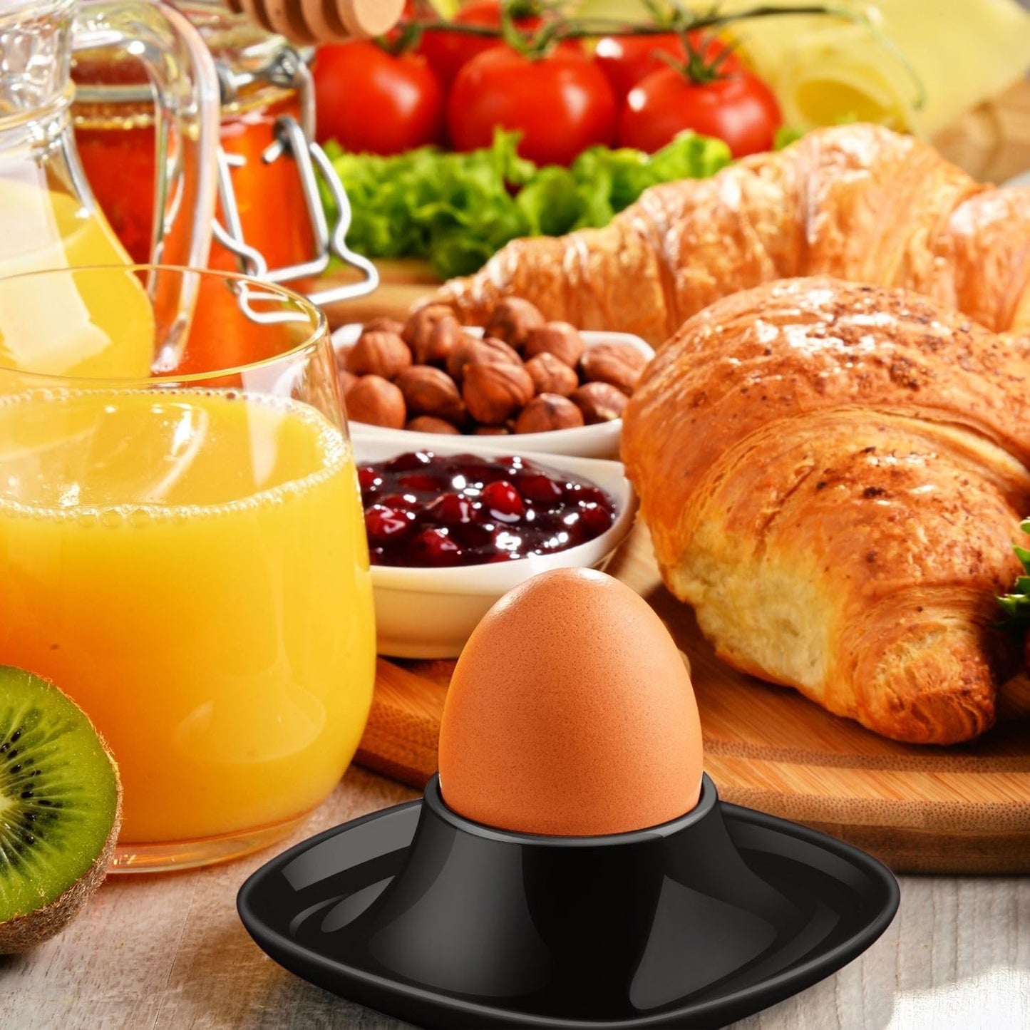 Flexzion Egg Cups for Soft Boiled Eggs - Set of 6 Ceramic Egg Holder - Stackable Egg Coddler Cups with Base for Serving, Breakfast, Brunch - Kitchen Table Decor, Black