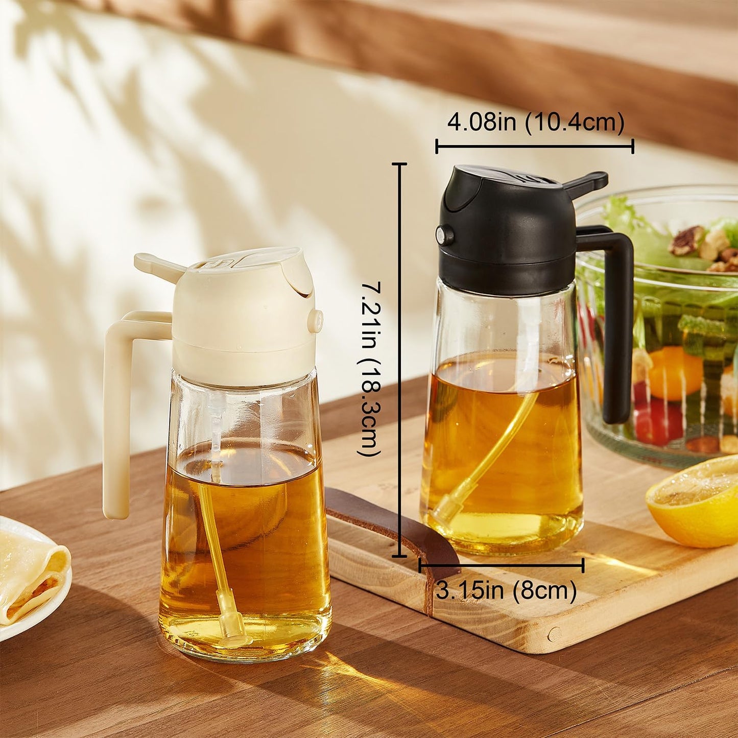 TrendPlain 16oz/470ml Glass Olive Oil Sprayer for Cooking - 2 in 1 Olive Oil Dispenser for Kitchen Gadgets, Air Fryer, Salad, and BBQ - Peach