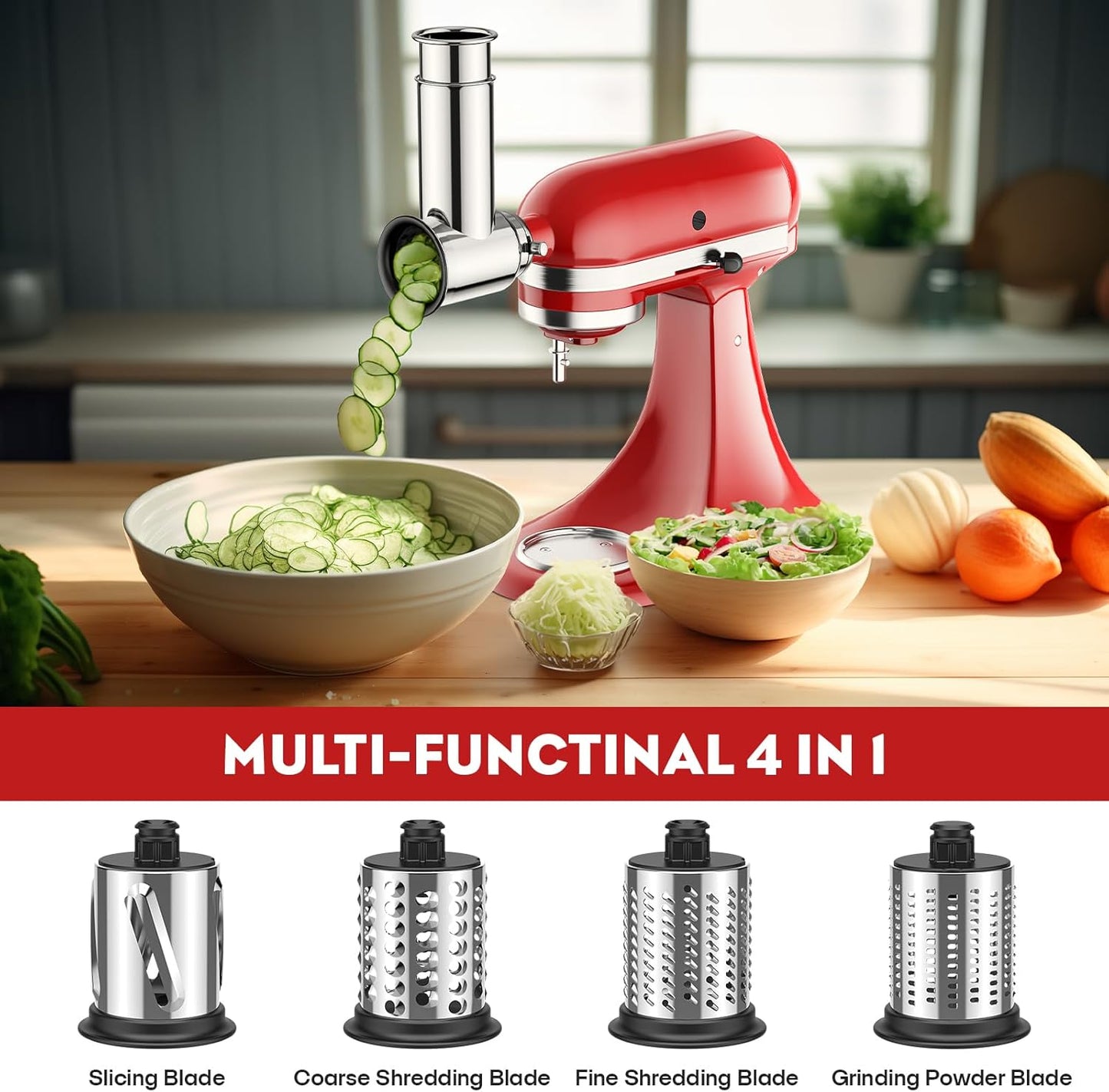 Stainless Steel Slicer Shredder Attachment for KitchenAid Stand Mixer, Cheese Grater Attachment for Kitchenaid, Grinding Powder, Salad Maker with 4 Blades, Attachment for Kitchenaid Mixers