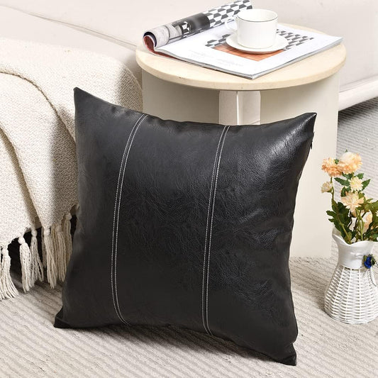 Fancy Homi Black Boho Faux Leather Decorative Throw Pillow Covers 18x18 Inch for Living Room Couch Bed Sofa, Rustic Modern Farmhouse Home Decor, Hand Stitched Square Cushion Case 45x45 cm