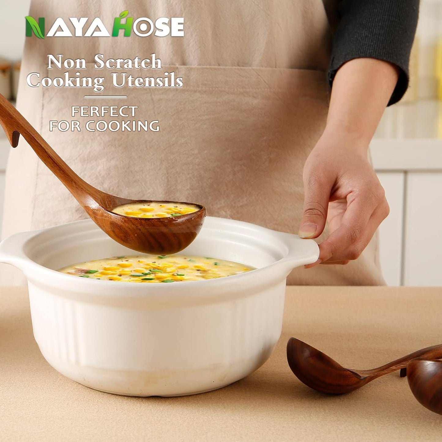 Wooden Ladles Soup Set, 3 Size Wooden Spoons For Cooking, Non-Stick Wooden Spoon, Natural Teak Wood Cooking Spoons, Kitchen Utensils set
