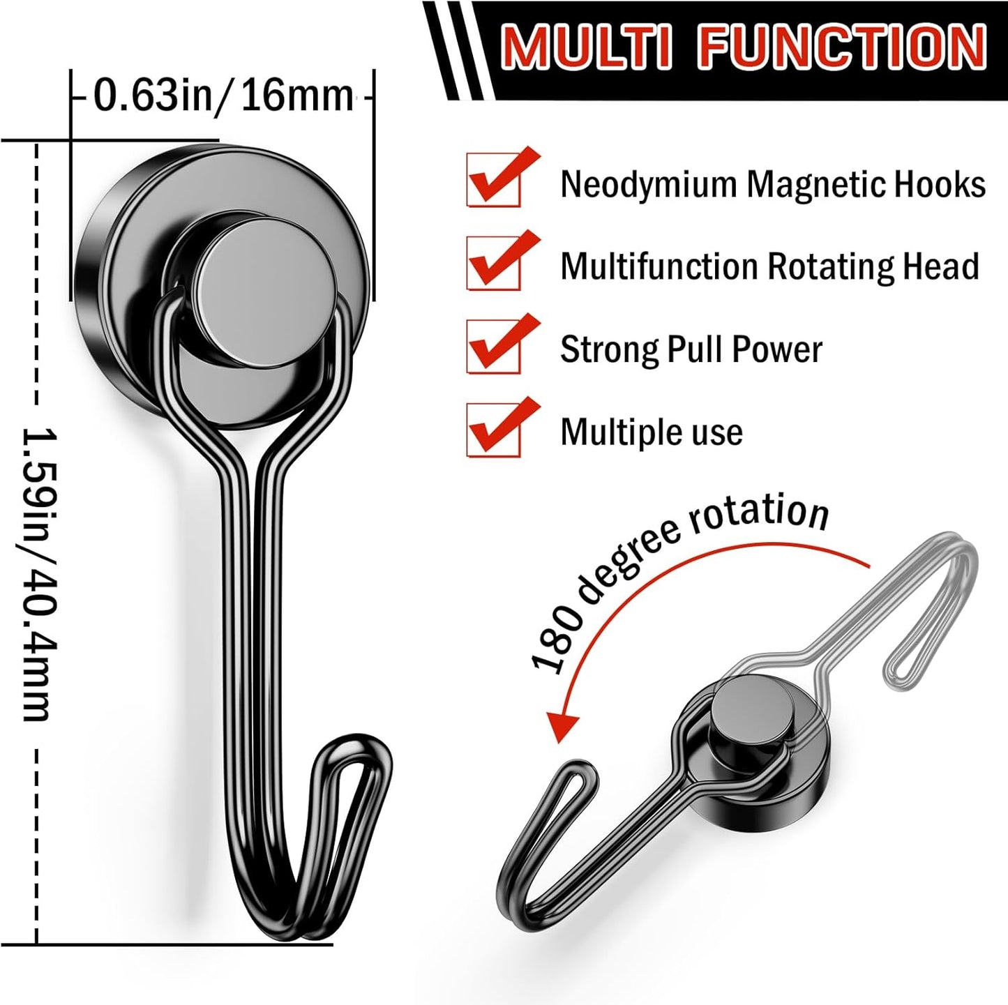 FINDMAG Magnetic Hooks, 30lbs+ Strong Magnetic Hooks Heavy Duty 2025 Criuse Ship Essentials, Black Refrigerator Magnet Hooks for Hanging, Office, Grill, Kitchen, Beach Vacation - 10 Pack