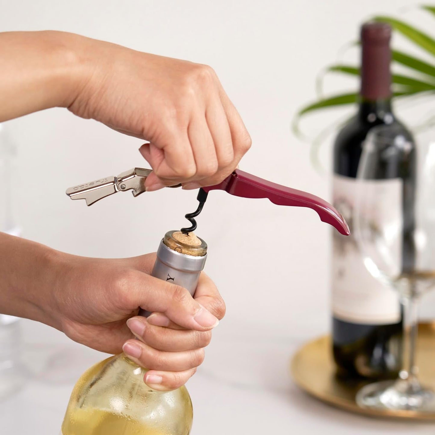 True Brands TrueTap Double Hinged Waiters Corkscrew, Top-notch Stainless Steel Opener with Foil Cutter Built to Last Wine Key Burgundy, Set of 1
