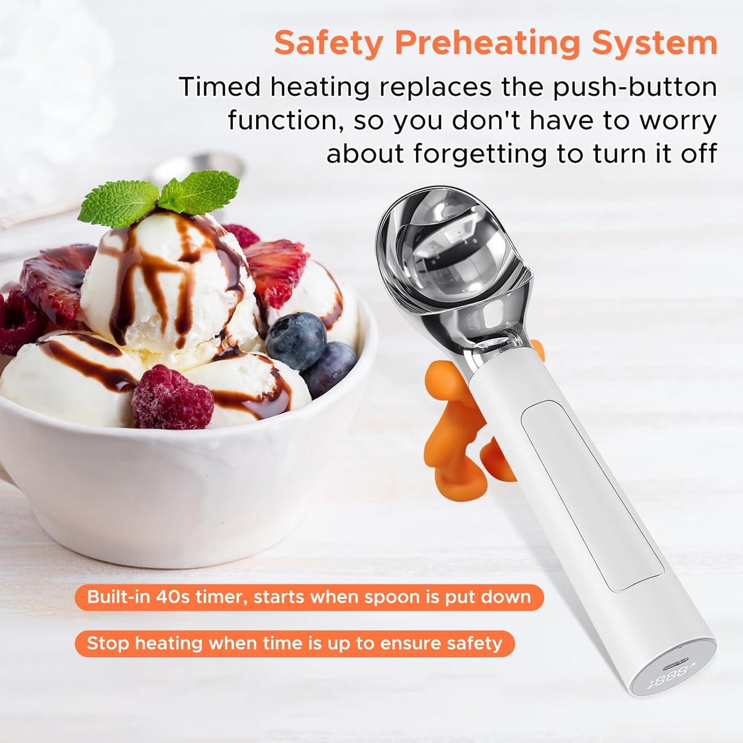 LT LAUDTEC Heated Ice Cream Scoop, Rechargeable Electric Warming Scooper, Heats to 158F for Hard Ice Cream, IP67 Waterproof, Easy for Seniors & Kids (White)