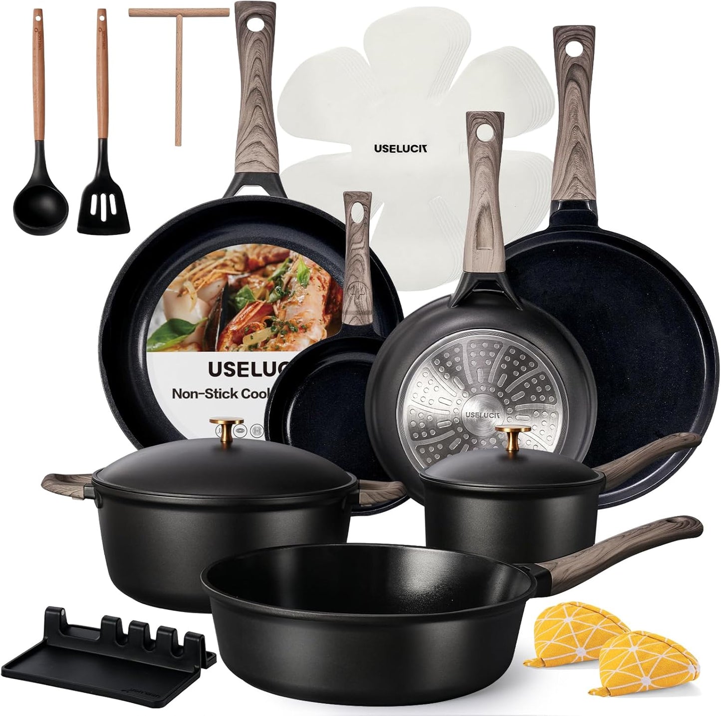 21Pcs Pots and Pans Set with Aluminum Lid, Nonstick Ti-Ceramic Cookware Sets, Induction Cookware Non Stick Cooking Set w/Frying Pans & Saucepans(PFOS, PFOA Free)-Black