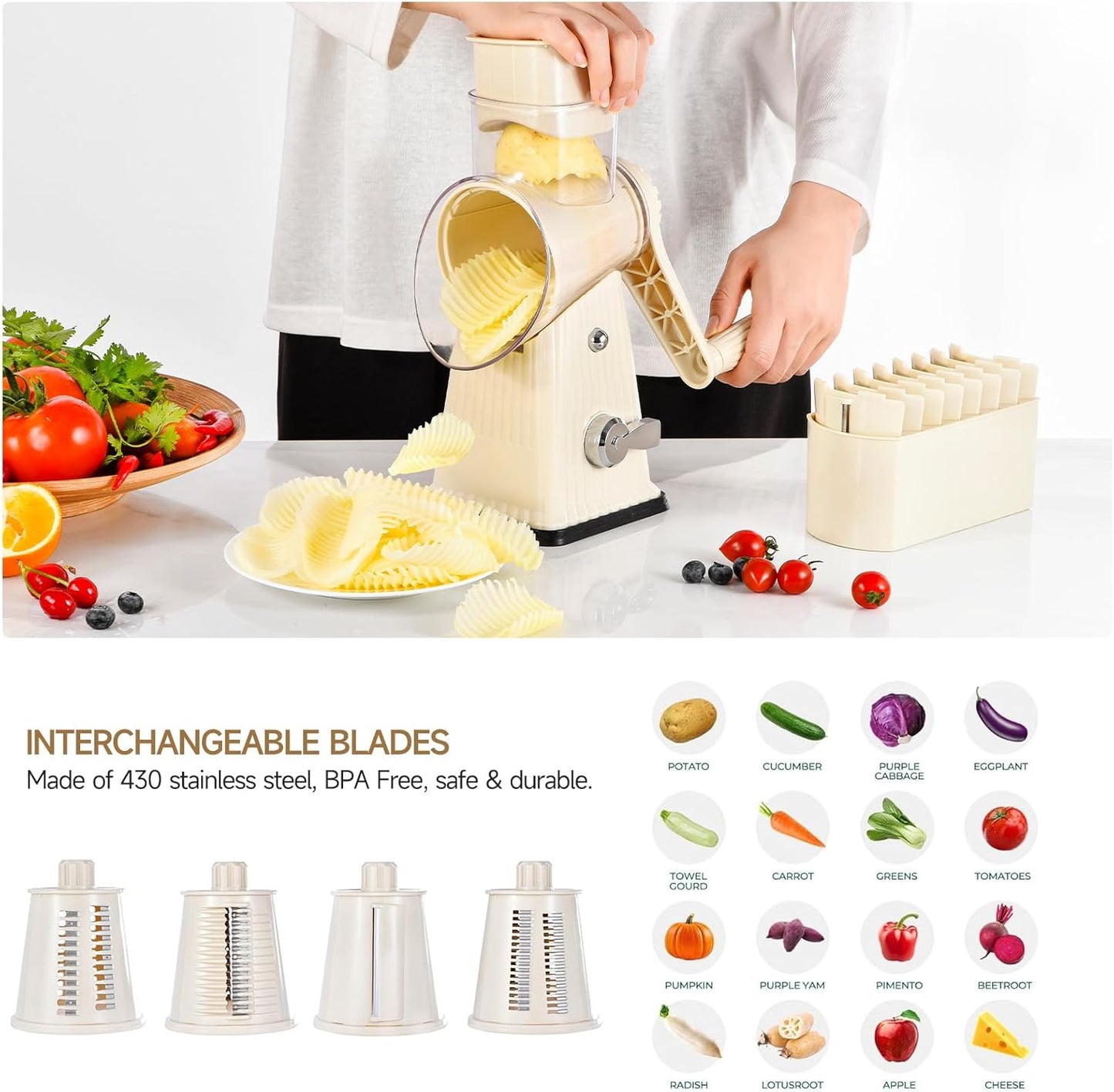 Xilrvna Rotary Cheese Grater, Vegetable Shredder 5 in 1 Cheese Grater with Handle edder Reinforced Suction,Easy to Clean,Kitchen Chopper for Crushed Ice,Fruits and Nuts with Blade Storage Case（white）