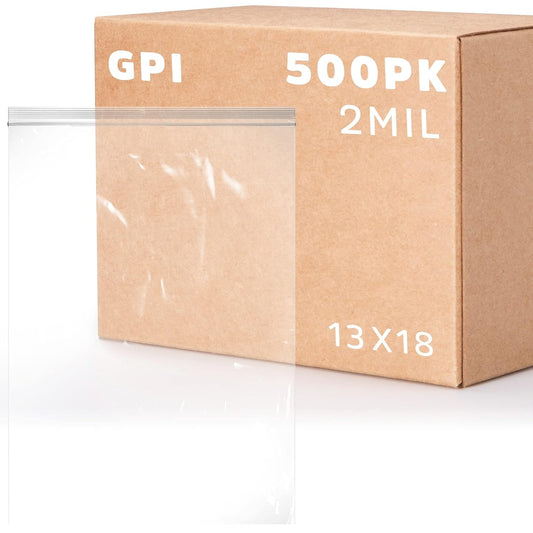 GPI PACK Of 500, 13" x 18" CLEAR PLASTIC RECLOSABLE ZIP BAGS - Bulk 2 mil Thick Strong & Durable Poly Baggies With Resealable Zip Top Lock For Travel, Storage, Packaging & Shipping