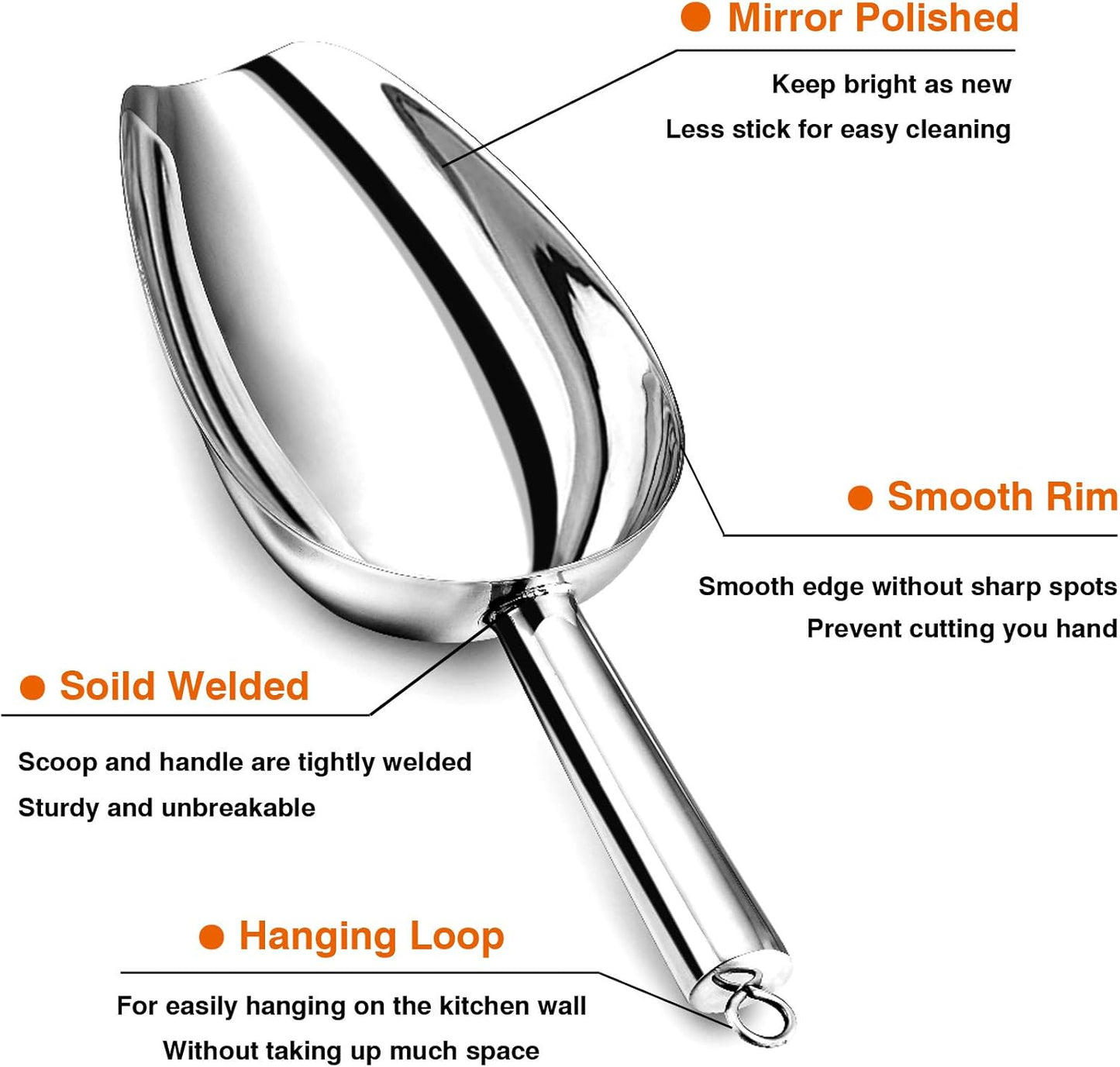P&P CHEF Food Ice Scoop, Stainless Steel Scoop, Metal Candy Popcorn Flour Utility Scooper for Wedding Party Bar Kitchen Bath, Heavy Duty & Dishwasher Safe, (12oz, 1Pc)