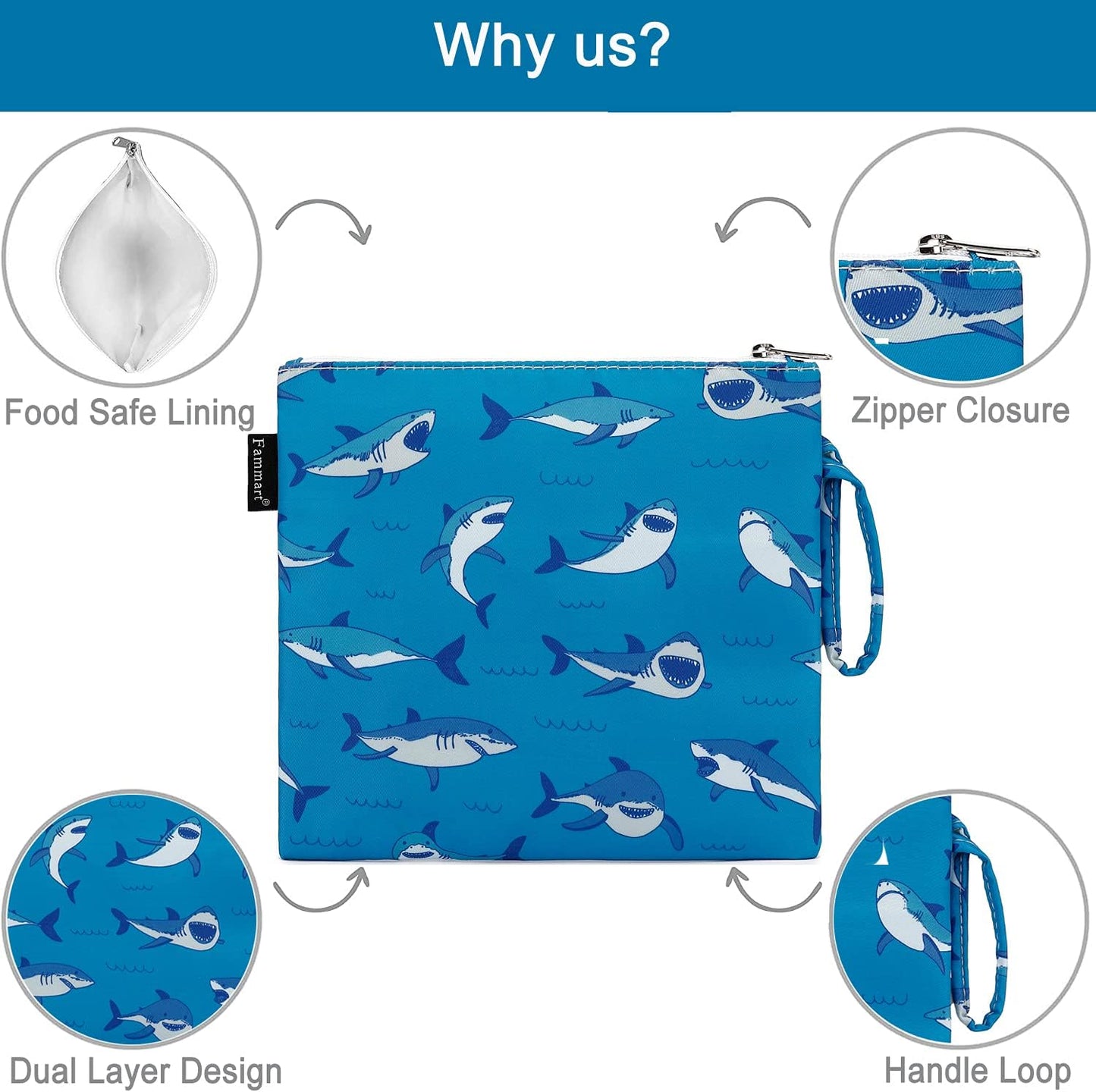 Reusable Sandwich Bag/Snack Bag for Kids & Adults, Dual Layer Lunch Bag with Handle, Cosmetic Bag Makeup Travel Bag for Women Girls, Washable, Food Safe, BPA Free (1-Pack, Shark)