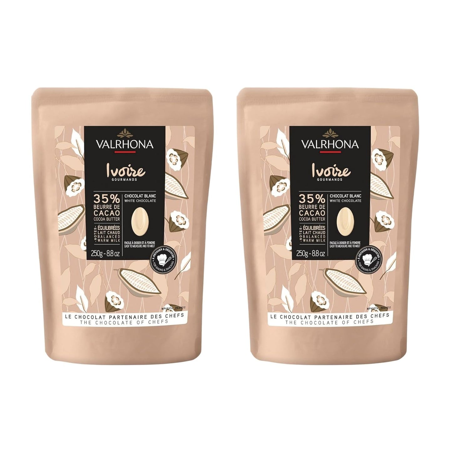 Valrhona Premium French Baking Creamy White Chocolate Discs (Feves) IVOIRE 35% Cacao. Easy Melt and Tempering. Hints of Vanilla & Warm Milk. For Sauces, Mousses, Frostings and Candies 250g (Pack of 2)