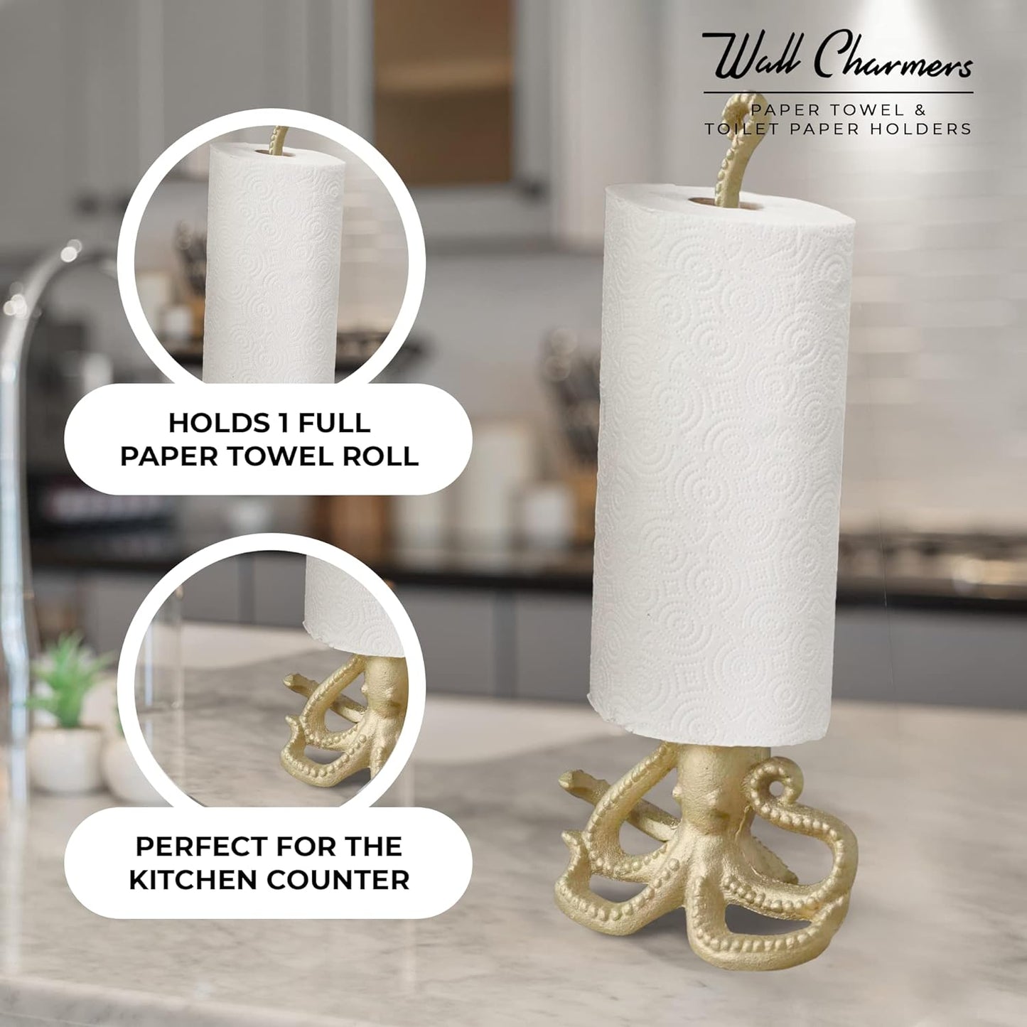 WallCharmers Gold Paper Towel Holder, Metal Toilet or Kitchen Paper Holder for Floor or Countertop, Gold Octopus