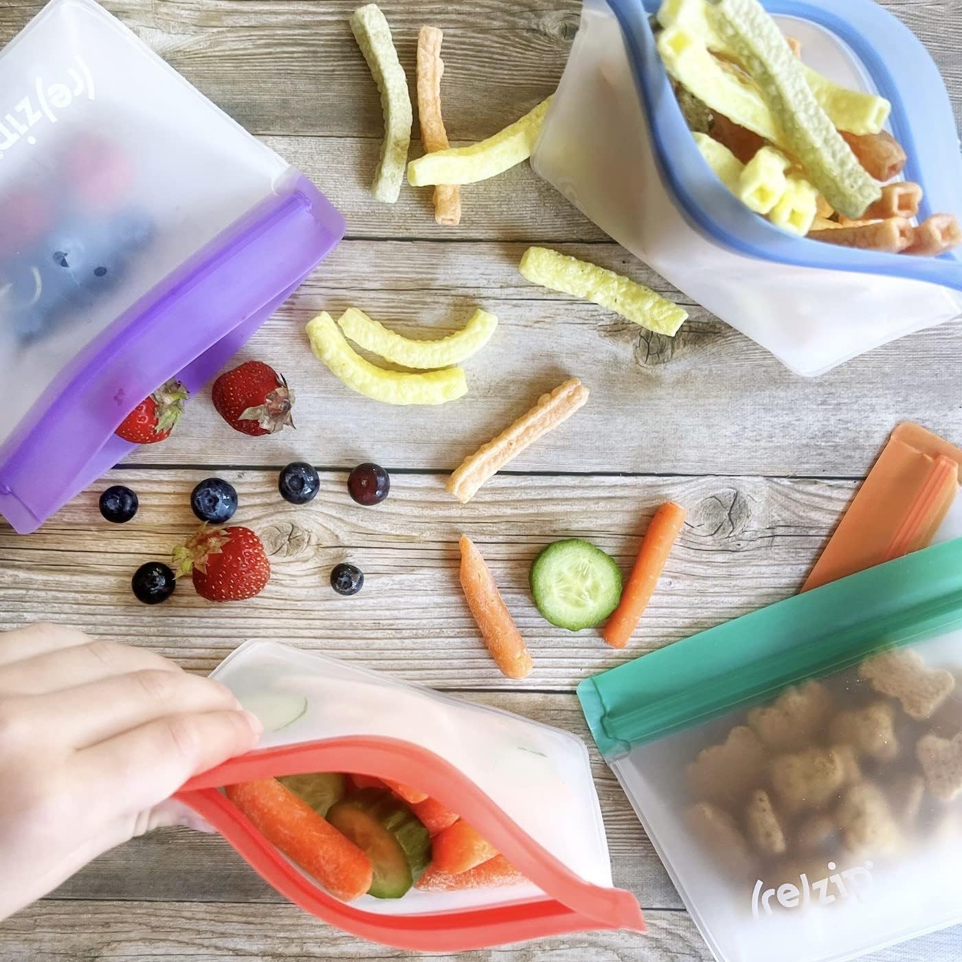 (re) zip 5-pack Stand-Up Reusable Bags | BPA-Free, Food Grade, Leakproof, Freezer and Dishwasher Safe | 5 Snack-Size Bags (1-Cup / 8-Oz) | Jewel Tones for Easy Organization