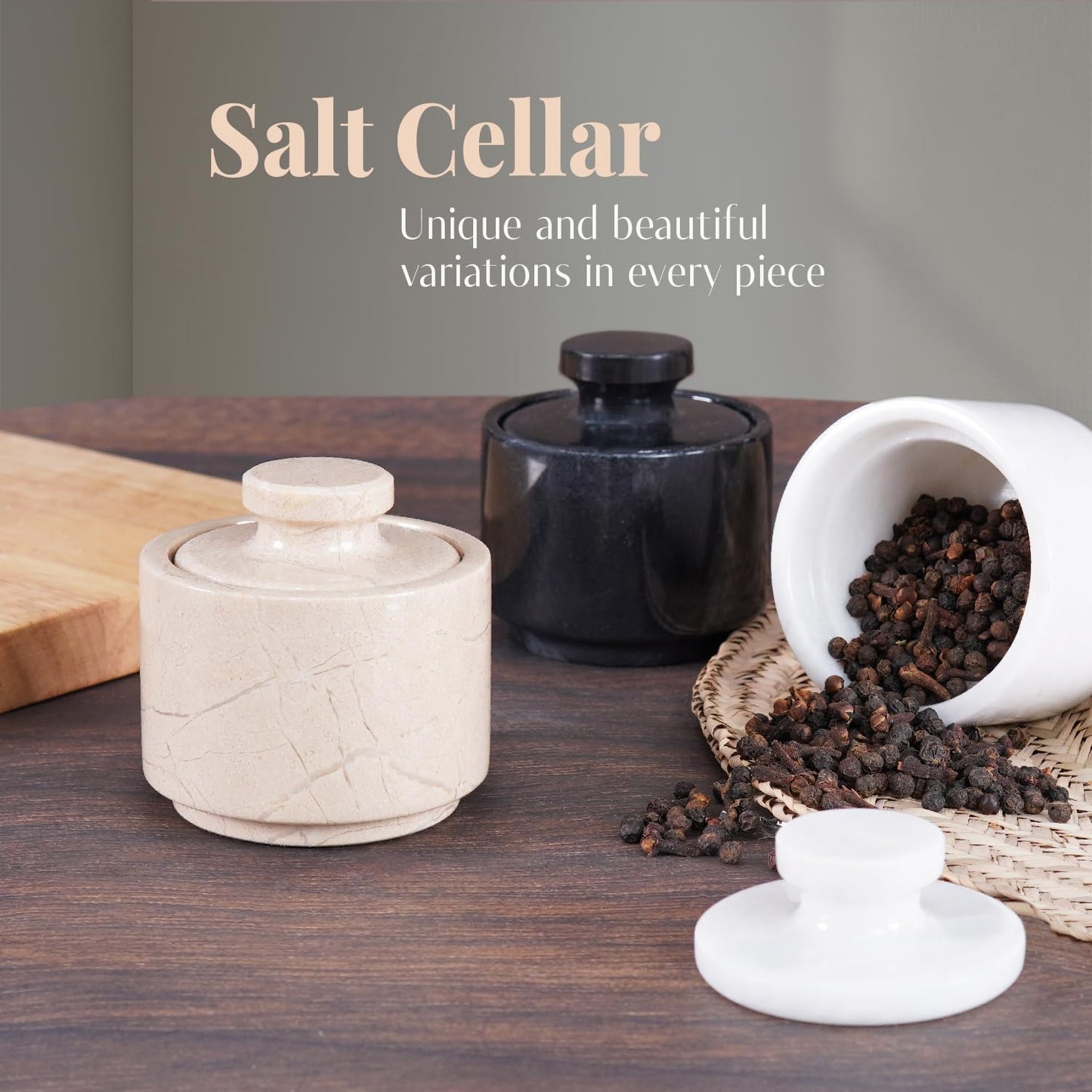 MARBLOUS KRAFTS Marble Salt Cellar with Lid 3" Inch Verona Salt Box, Seasoning Container & Spice Jars, Stone Salt Holder for Counter, Spice Jar