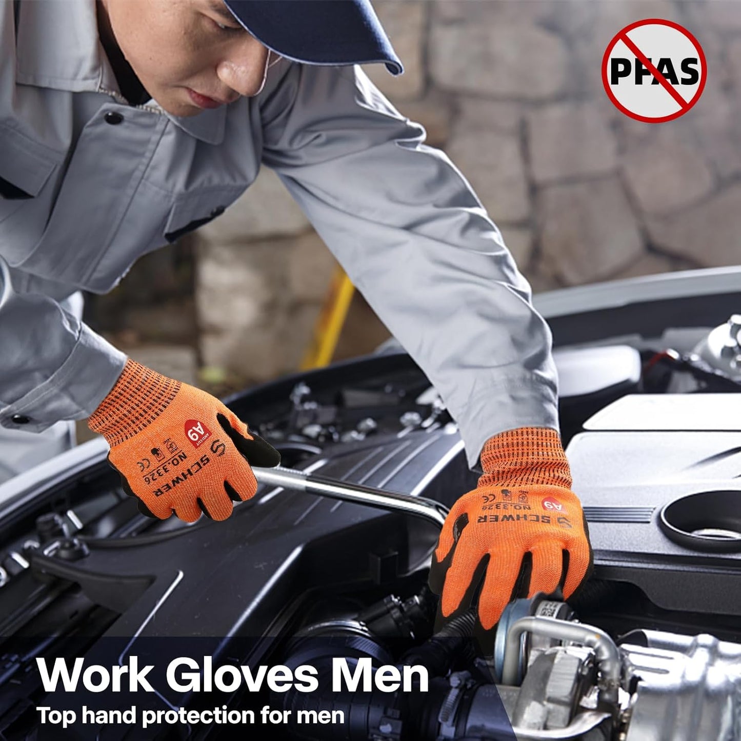 Schwer ProGuard Highest Level Cut Resistant Work Gloves PR3326 for Extreme Protection，ANSI A9 Cut Gloves with Reinforced Thumb, Non Slip, Non PFAS, Durable, Touch-screen, Orange 120 Pairs, L