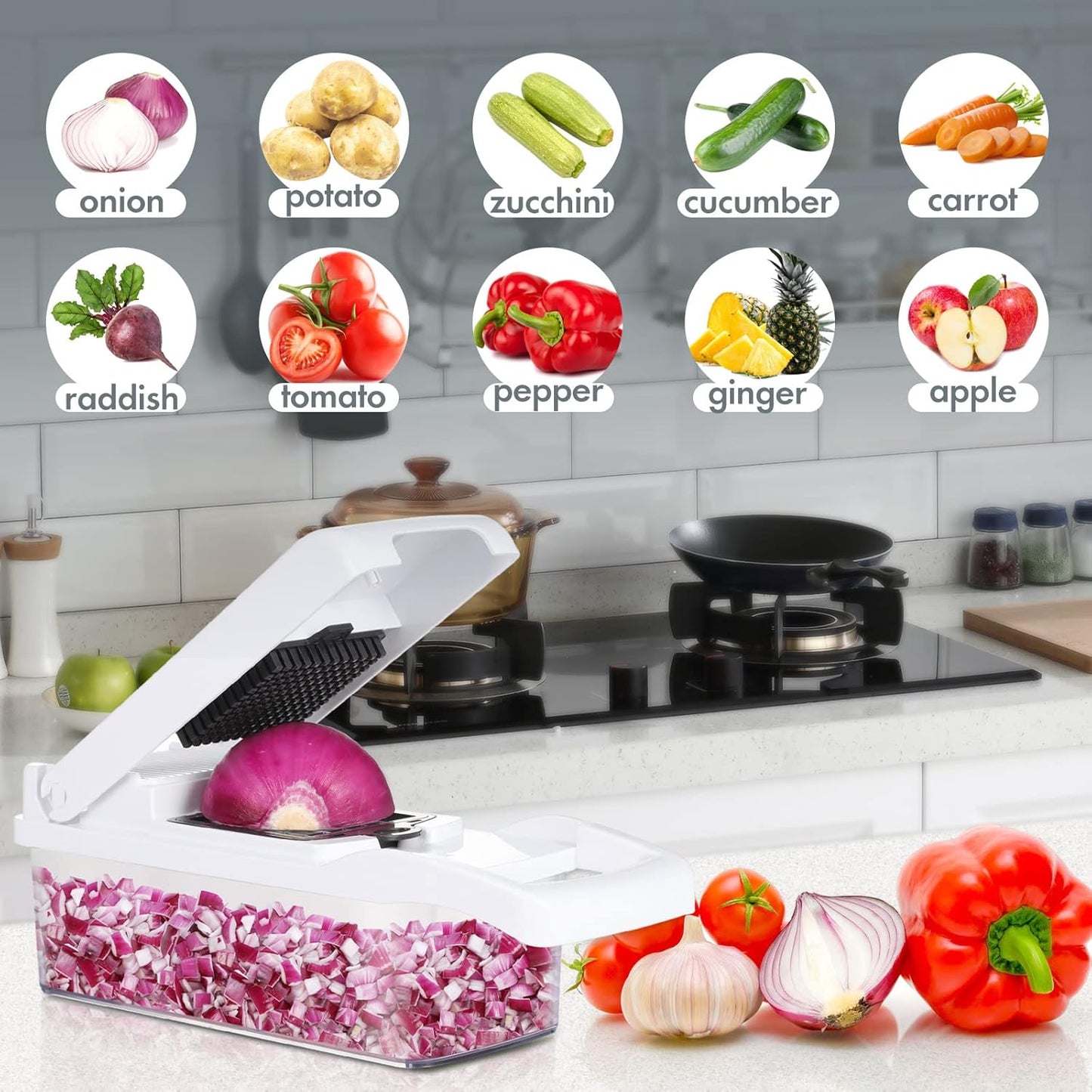 Ourokhome Vegetable Chopper Onion Cutter, 14 in 1 Professional Mandoline Slicer for Kitchen, Multifunctional Food Chopper for Potato, Tomato, Veggie with Strainer Basket, 10 Blades, Black