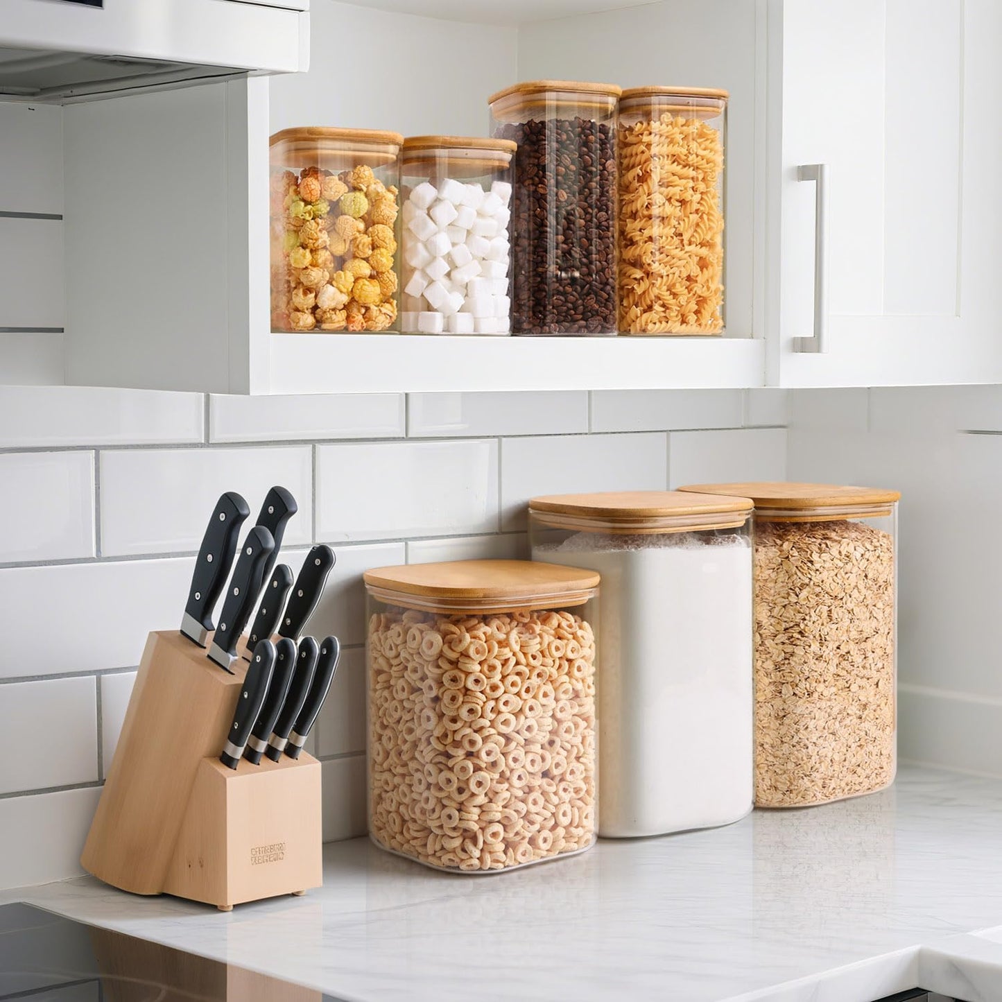 ComSaf 3.6Qt Glass Food Storage Containers, Cereal Storage Containers with Airtight Lids, Large Square Glass Jars with Bamboo Lids, for Rice, Pasta, Oats, Grains, Coffee Beans