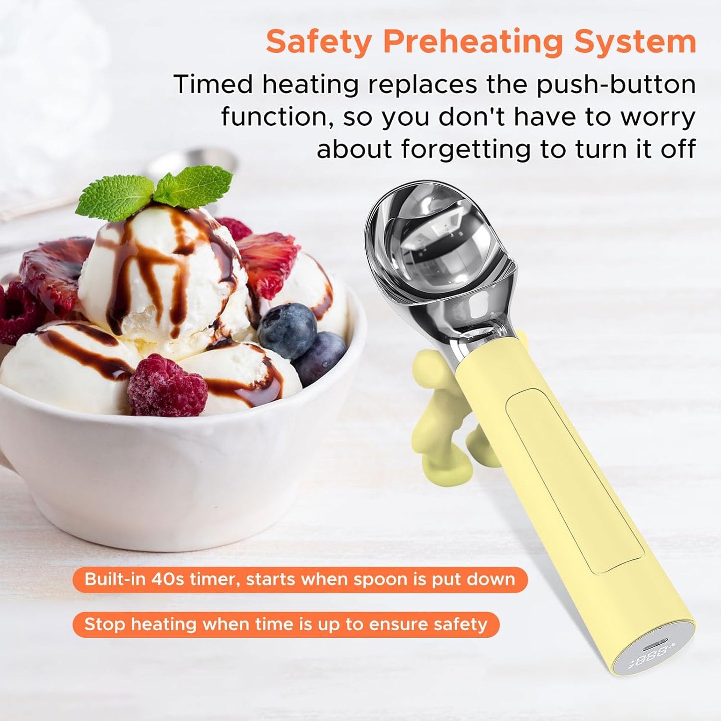 NEWEST Heated Ice Cream Scoop, Rechargeable Electric Warming Scooper with LED Display, Heats to 158°F for Hard Ice Cream, IP67 Waterproof, Easy for Seniors & Kids (Yellow)