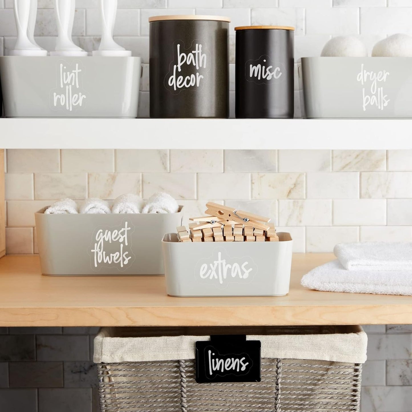Talented Kitchen 141 Laundry Labels for Jars, Containers - Preprinted White Script Stickers for Linen Closet, Bathroom, Cleaning Supplies Organization, and Laundry Room (Water Resistant)