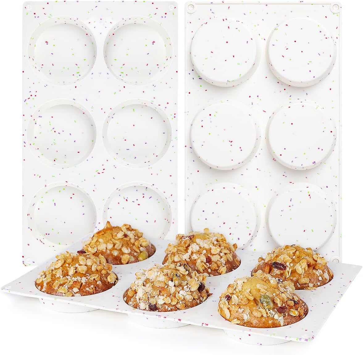 CAKETIME Muffin Top Pan, Silicone Egg Molds for Breakfast Sandwiches 3 Inch Round Baking Pan for Oven English Muffins, Whoopie Pies, Corn Bread, Egg bites, Tarts 3 Pack Confetti