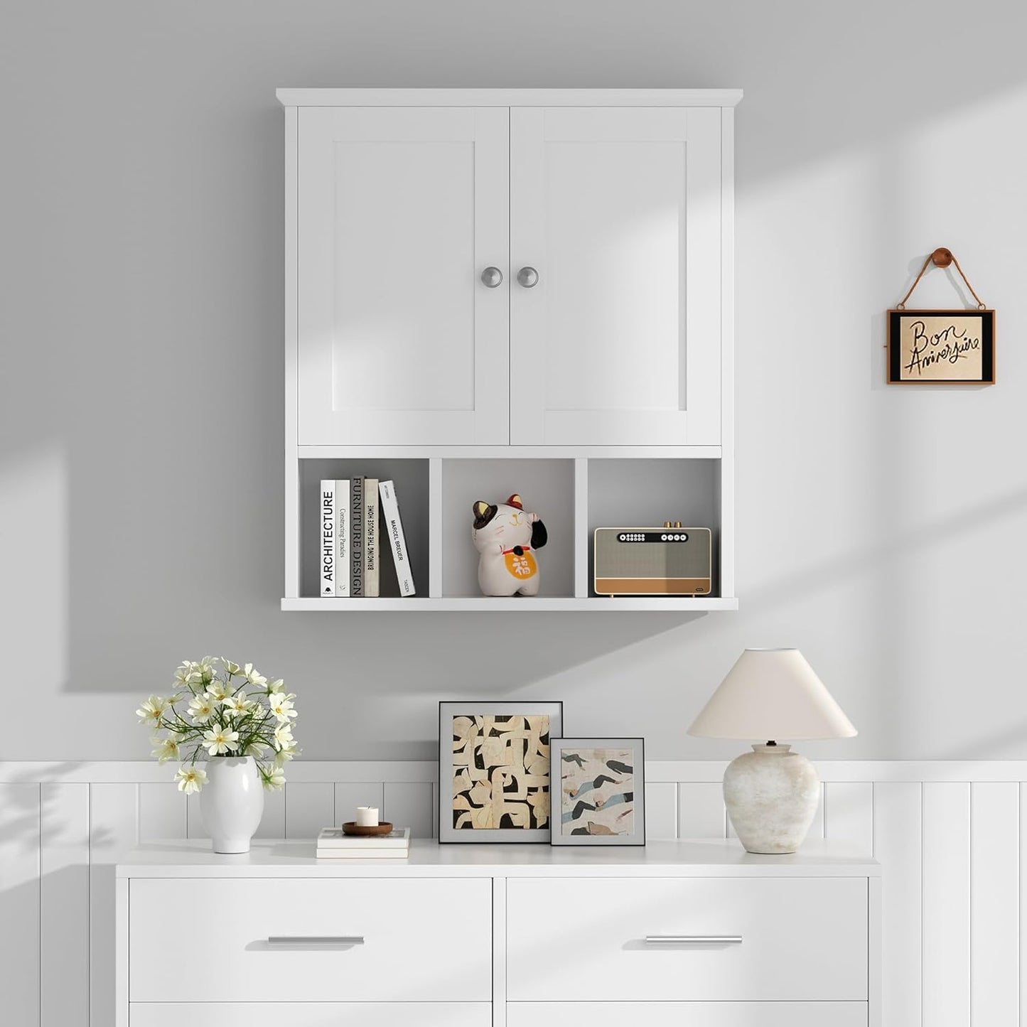 Shintenchi Bathroom Wall Cabinet with Door, Storage Organizer Over The Toilet Medicine, Space Saving with Adjustable & Open Shelf, Solid White
