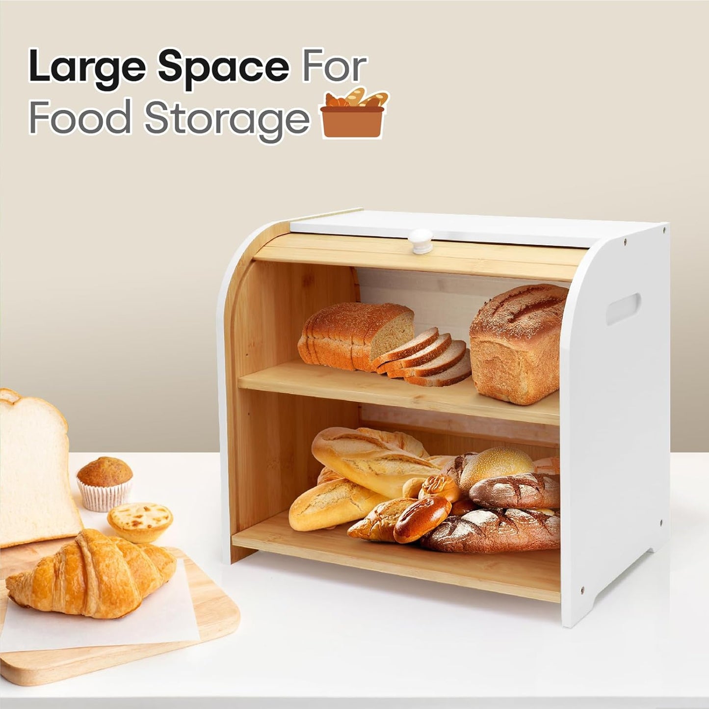 Bread Box for Kitchen Countertop, Double Layer Bamboo Bread Storage Container for Homemade Bread, Roll Top Bread Box with 3 Adjustable Height for Kitchen Counter, White Breadbox Organizer