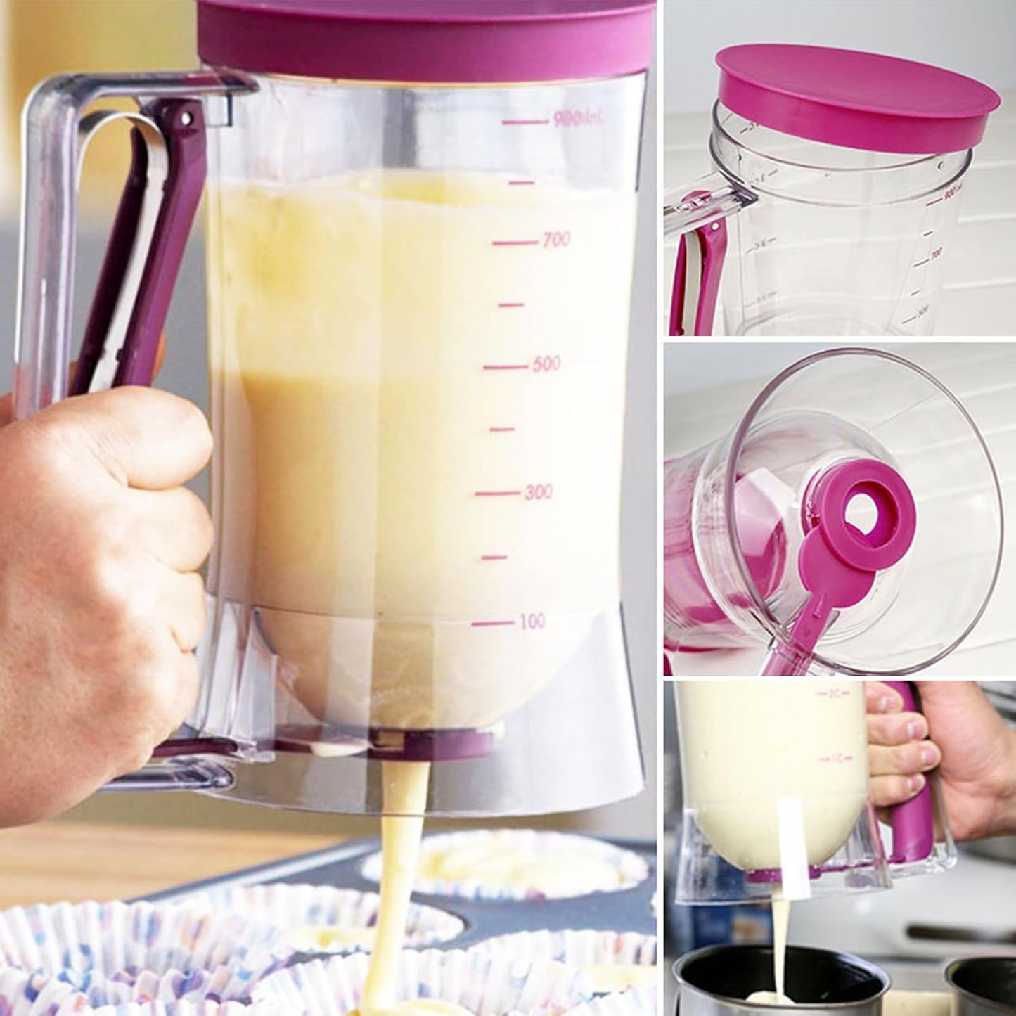 Pancake Batter Dispenser, 900ml Batter Separator with Measuring Label Cookie Separator Batter Cream Speratator for Pancakes, Cupcake, Waffle, Muffin Mix, Crepe & Cake