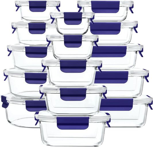 GENICOOK 30 Pieces Glass Food Storage Containers with Snap Locking Lids,Glass Meal Prep Containers Set - Airtight Lunch Containers, Microwave, Oven, Freezer and Dishwasher BLUE