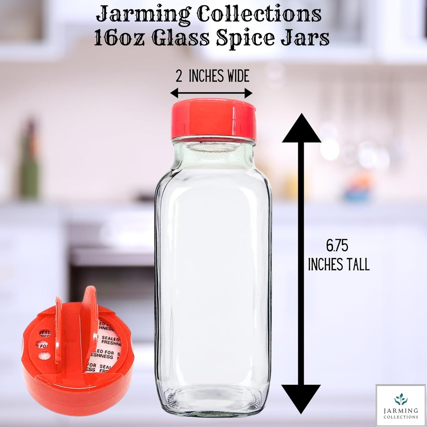JARMING COLLECTIONS 16 oz Glass French Square Spice Jars with Shaker Lids - Elegant Design for Food Storage and Kitchen Organization - Enhance Your Spice Storage – Made in USA
