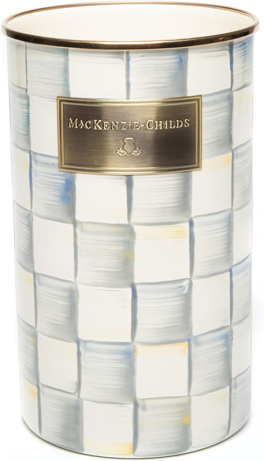 MACKENZIE-CHILDS Enamel Utensil Holder, Kitchen Utensil Holder for Countertop, Storage Caddy, Gray-and-White Sterling Check