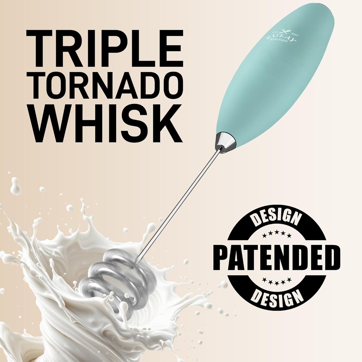 Zulay Kitchen Tornado Whisk Milk Frother with 4 AA Duracell Batteries - Triple Whisk for More Power - Handheld Coffee Frother with Stand - Drink Mixer for Lattes, Matcha & Protein Shakes