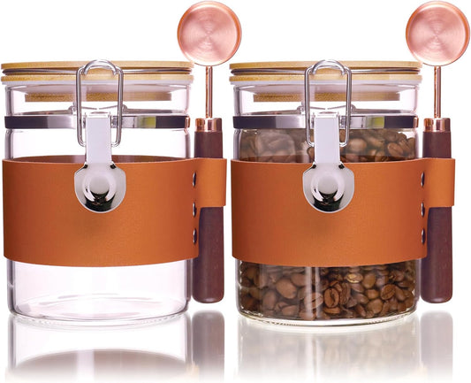 Glass Storage Jars with Spoon, Kitchen Food Storage jars with spoon, Glass Coffee Nuts Canister with Bamboo Lids, Scoop for Beans, Ground Coffee,Nuts, Cookie, Flour (27OZ×2)