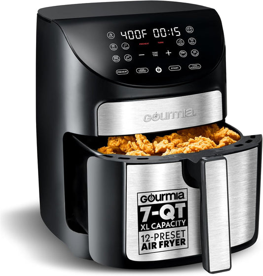 Gourmia Digital Air Fryer – 7 QT, FryForce 360° Technology, 10 Presets, Guided Cooking Prompts, Auto Shut-Off, Dishwasher Safe Basket, 1500W, black/Stainless Steel
