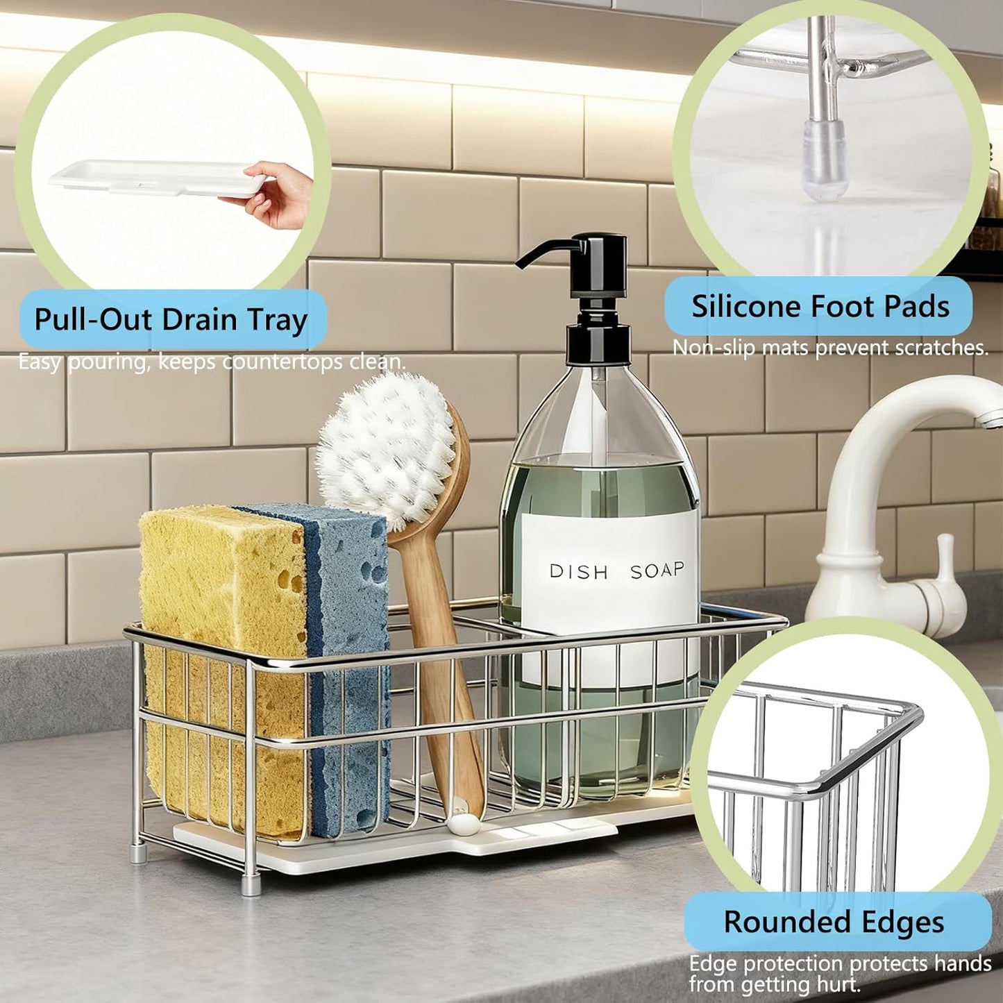 Kavciva Sink Caddy Sponge Holder,304 Stainless Steel Dish Brush Holder,Kitchen Countertop Sink Rack,Dish Soap Holder,Dishwashing Tool Drying Tray with Adjustable Partitions,Essential Kitchen Shelves