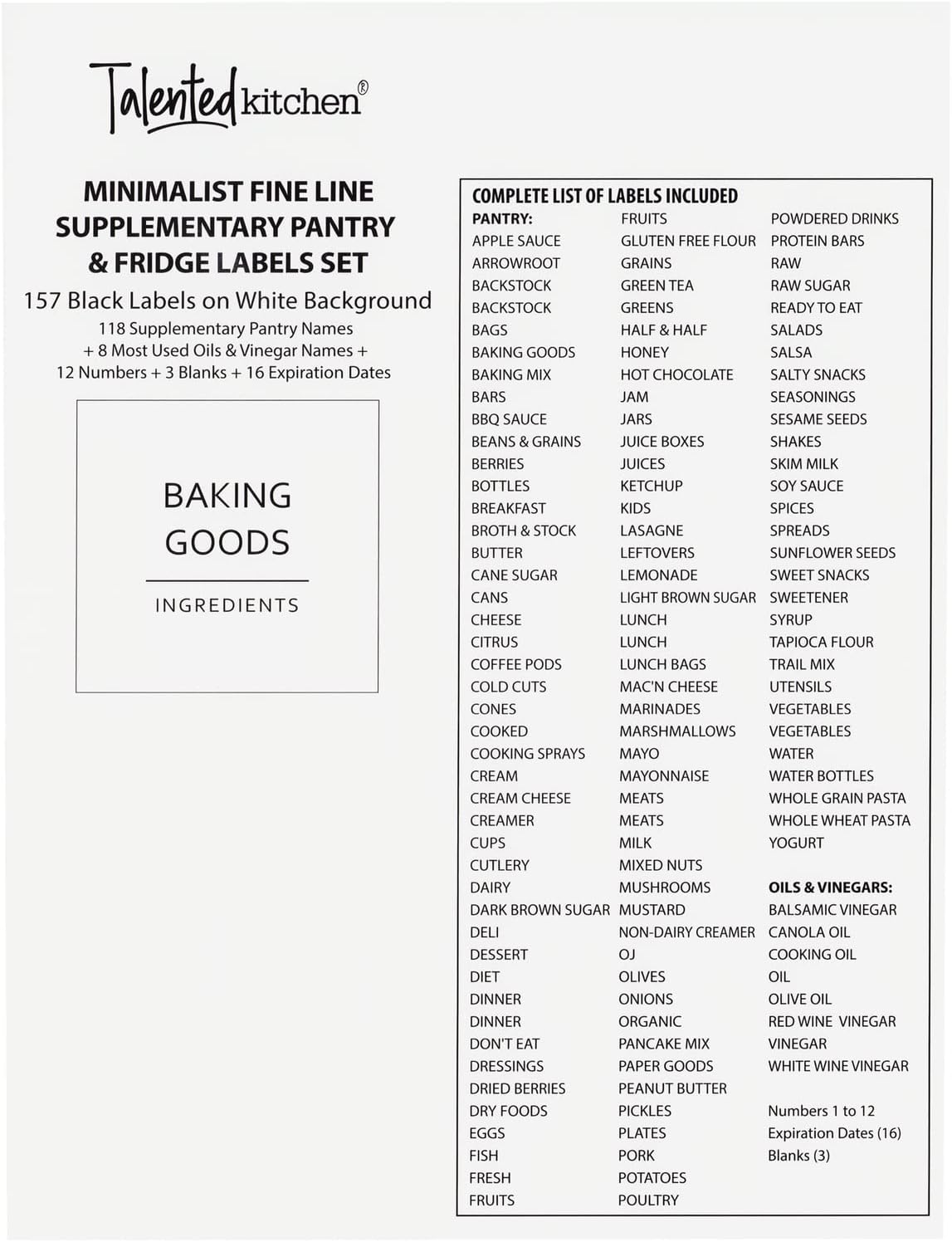 Talented Kitchen 157 Minimalist Style Fridge and Pantry Labels for Containers - Preprinted Kitchen and Refrigerator Organization Stickers for Jars, Food Containers (Black Print on White Matte Backing)